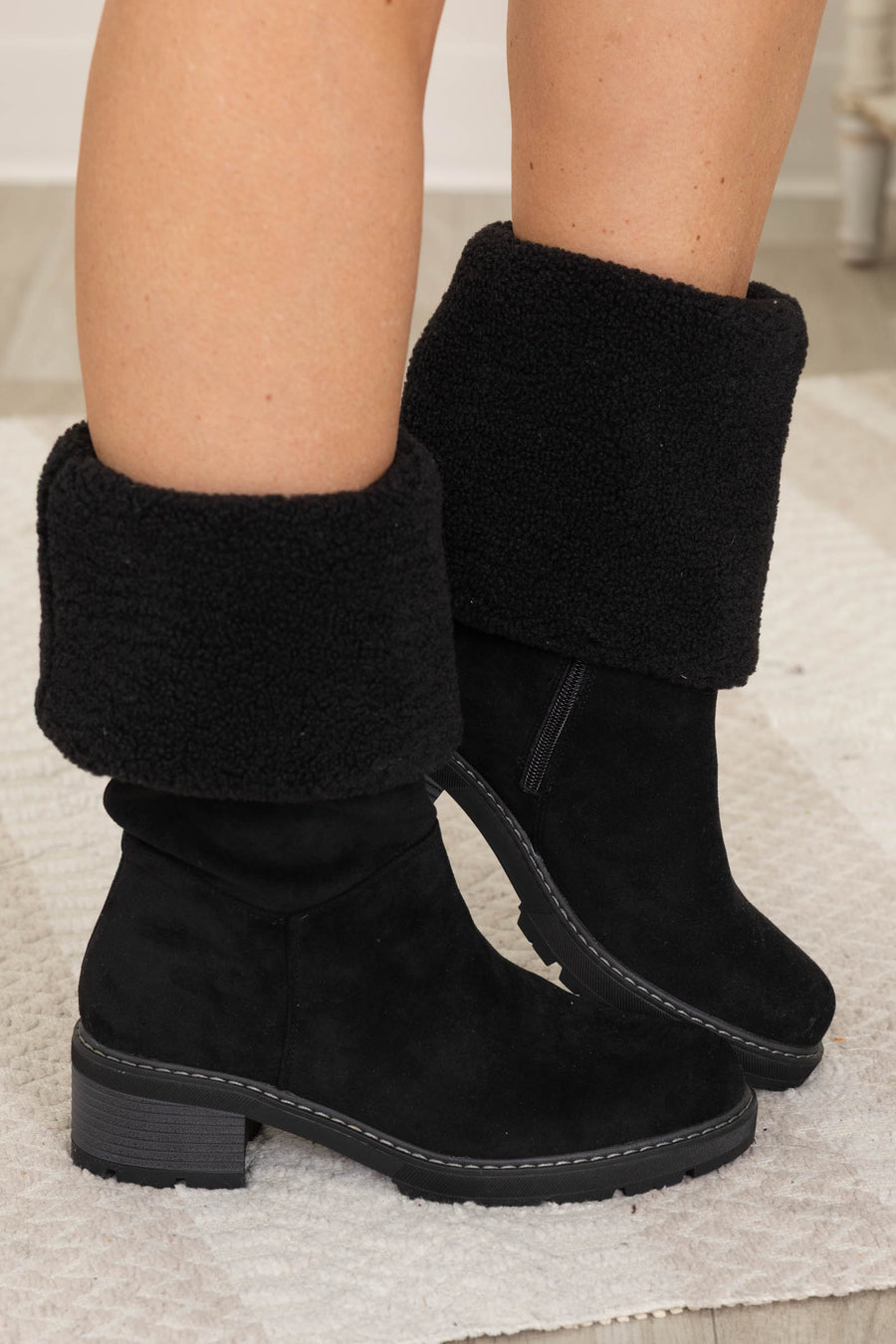 Black Suede Sherpa Cuff Block Heel Boot