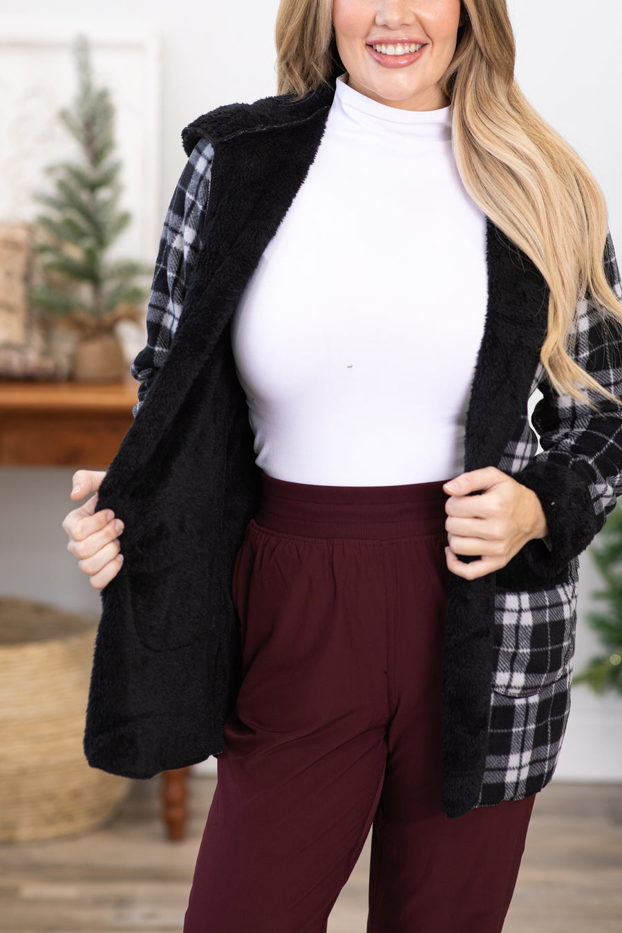 Black and Grey Plaid Faux Fur Lined Jacket