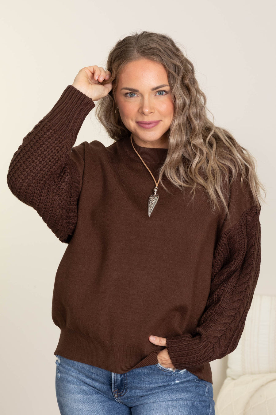 Brown Cable Knit Sleeve Sweater