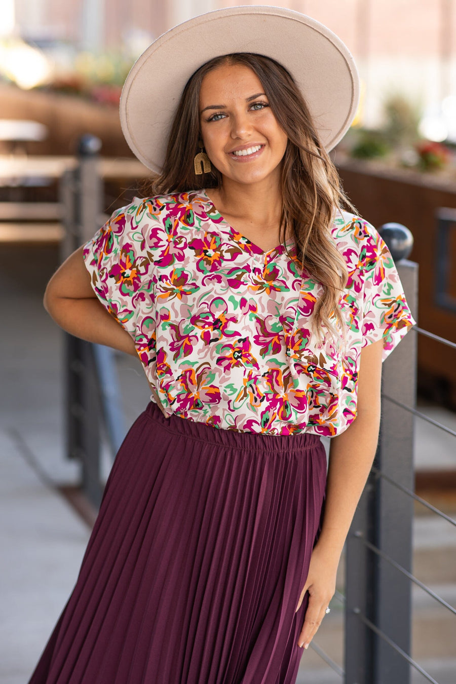 Berry Multicolor Abstract Floral V-Neck Top - Filly Flair