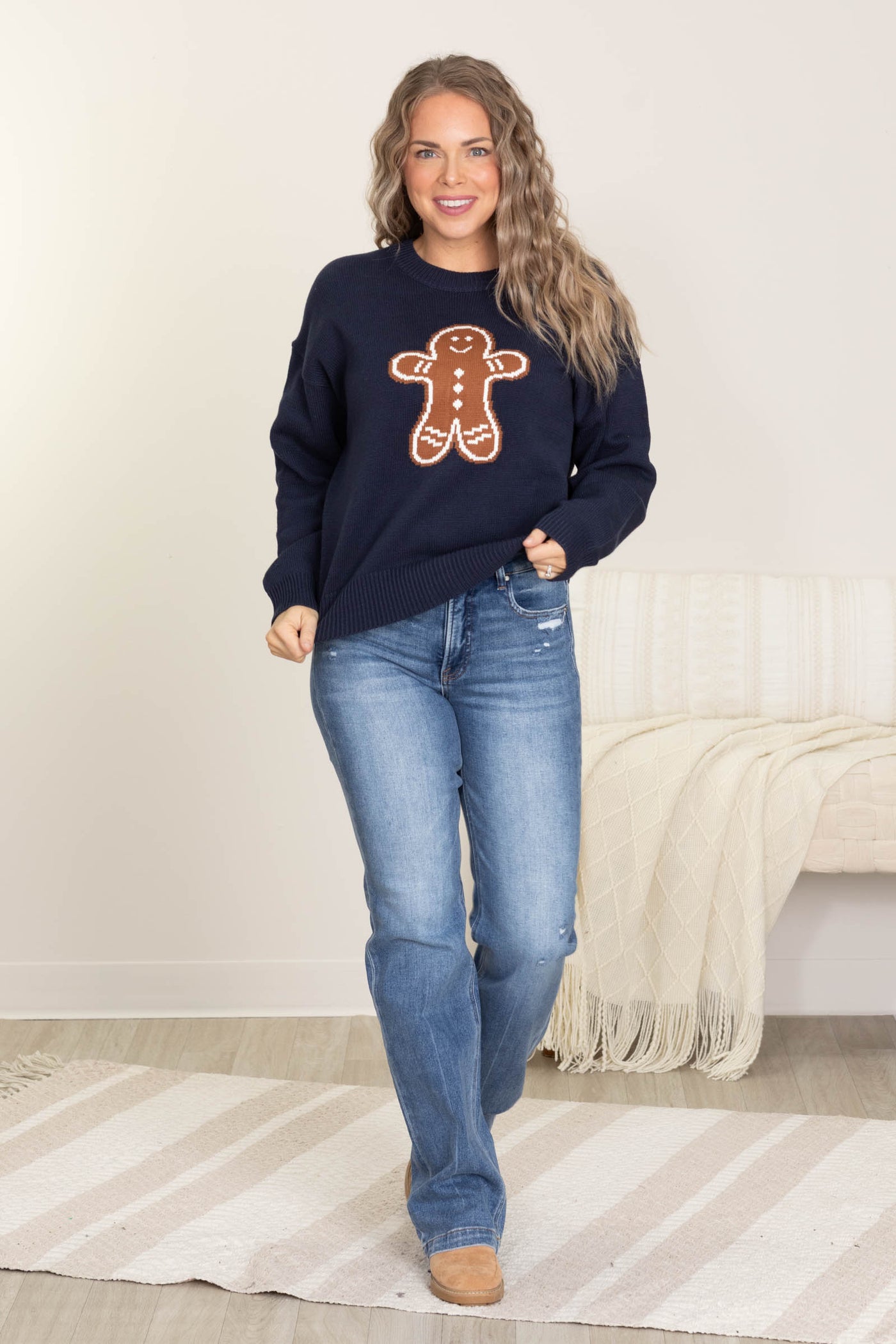 Navy Sweater With Gingerbread Man