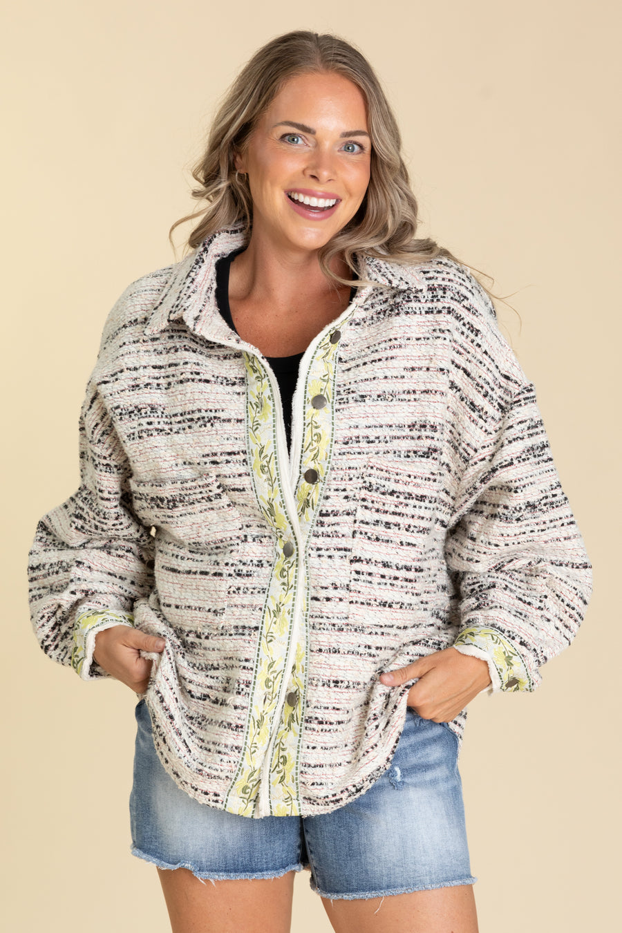Ivory Multicolor Button Down Tweed Shacket · Filly Flair