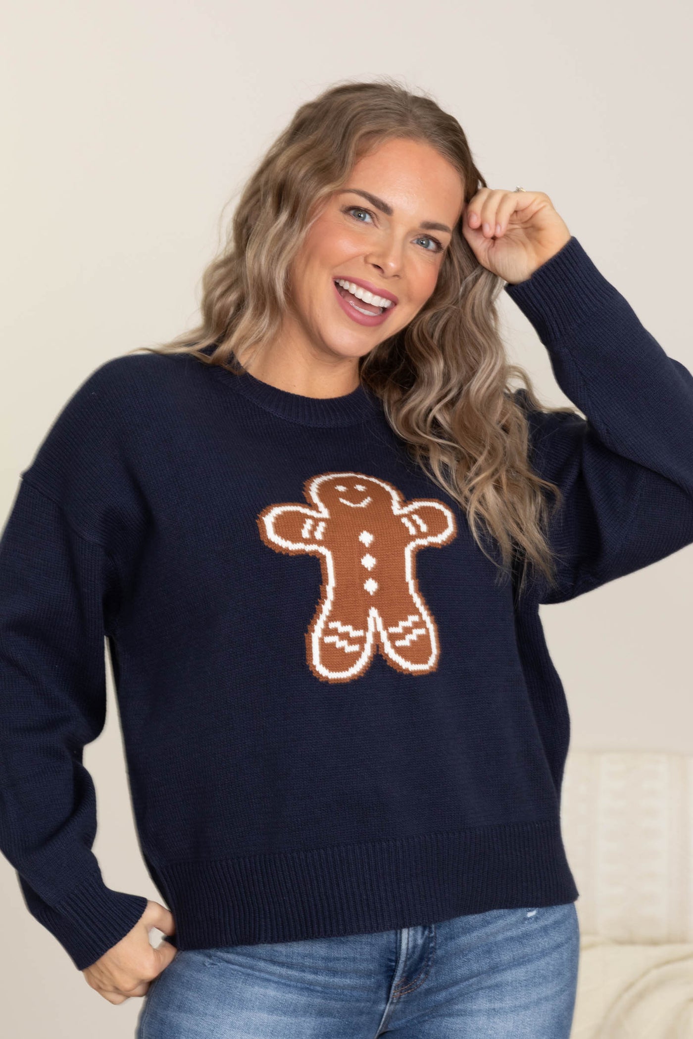 Navy Sweater With Gingerbread Man