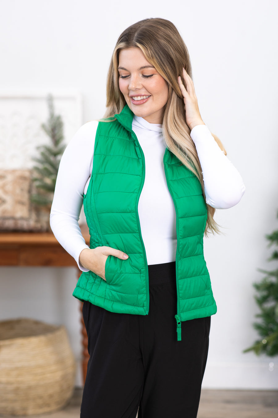 Green Puffer Vest With Pockets