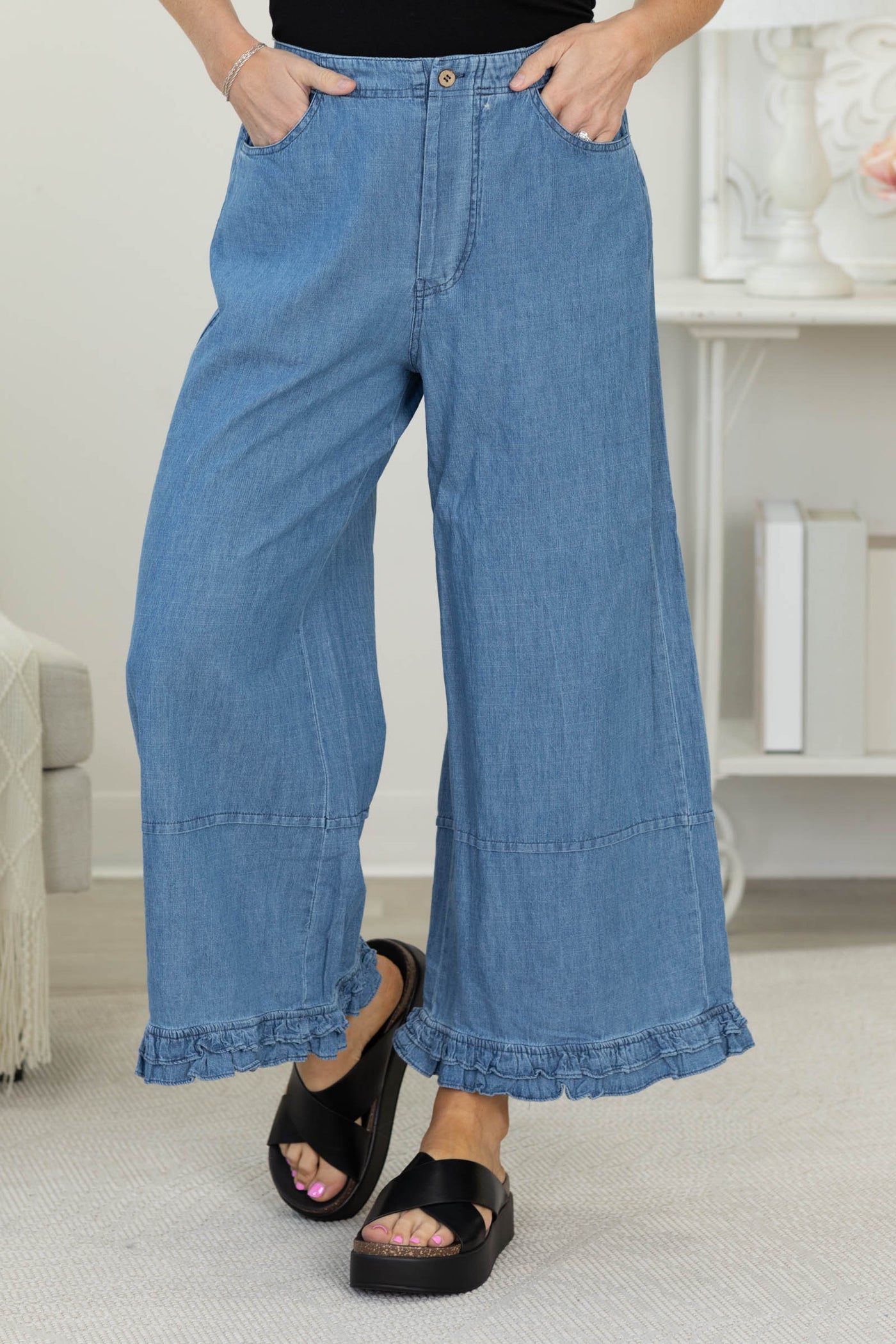 Chambray Ruffle Hem Detail Washed Pants- 100% Cotton