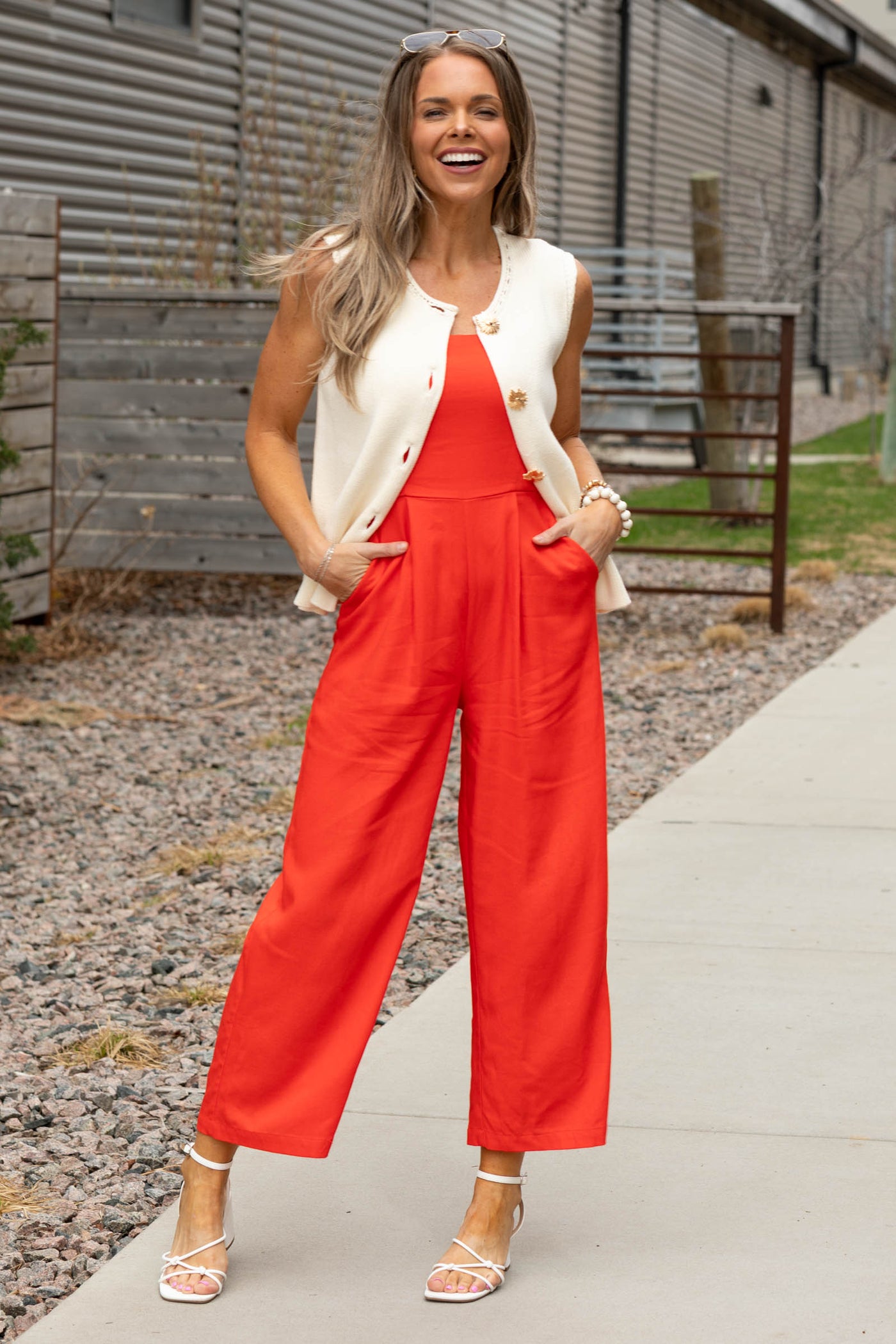 Red Front Pleat Detail Back Smocking Jumpsuit
