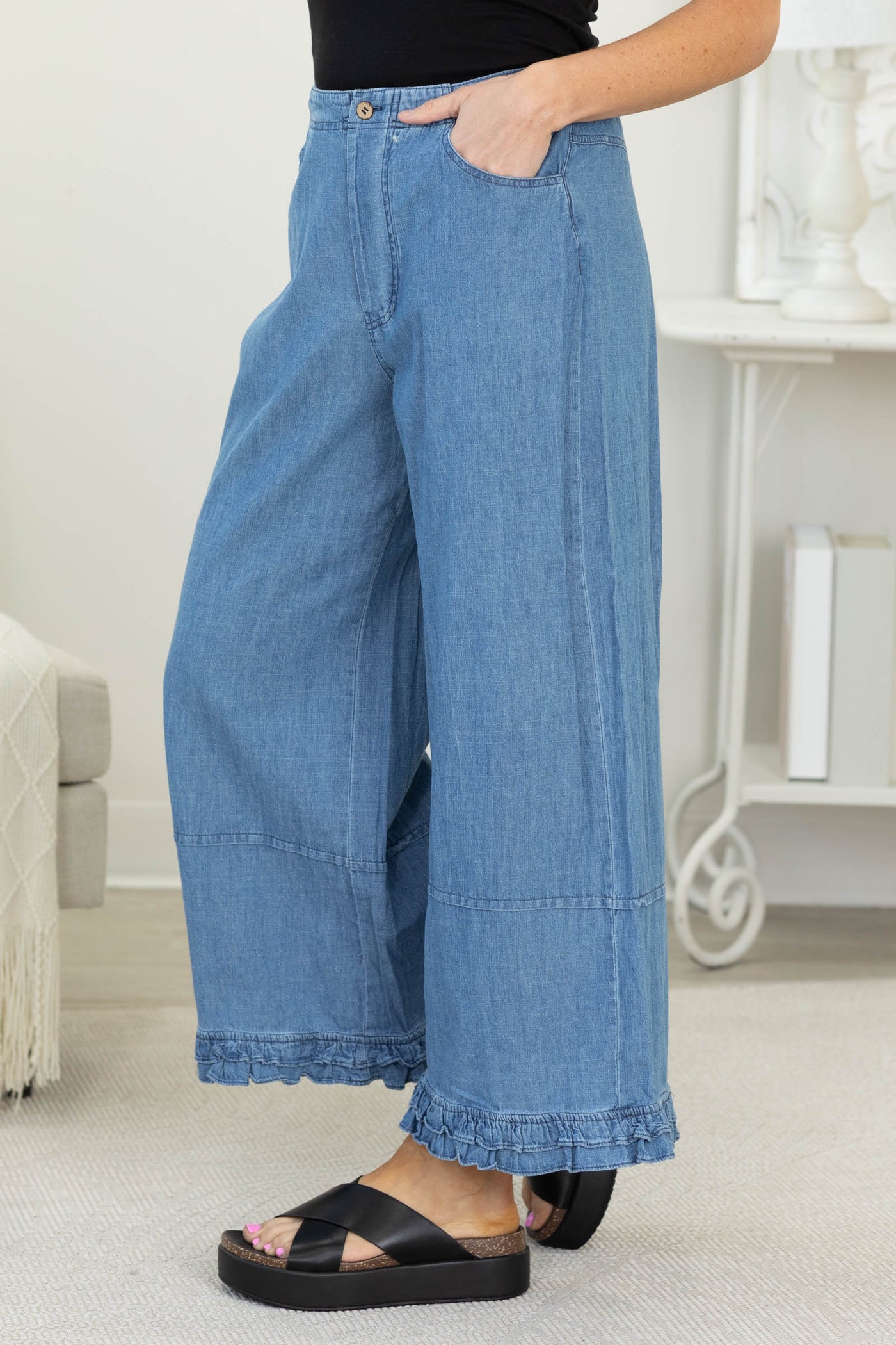 Chambray Ruffle Hem Detail Washed Pants- 100% Cotton