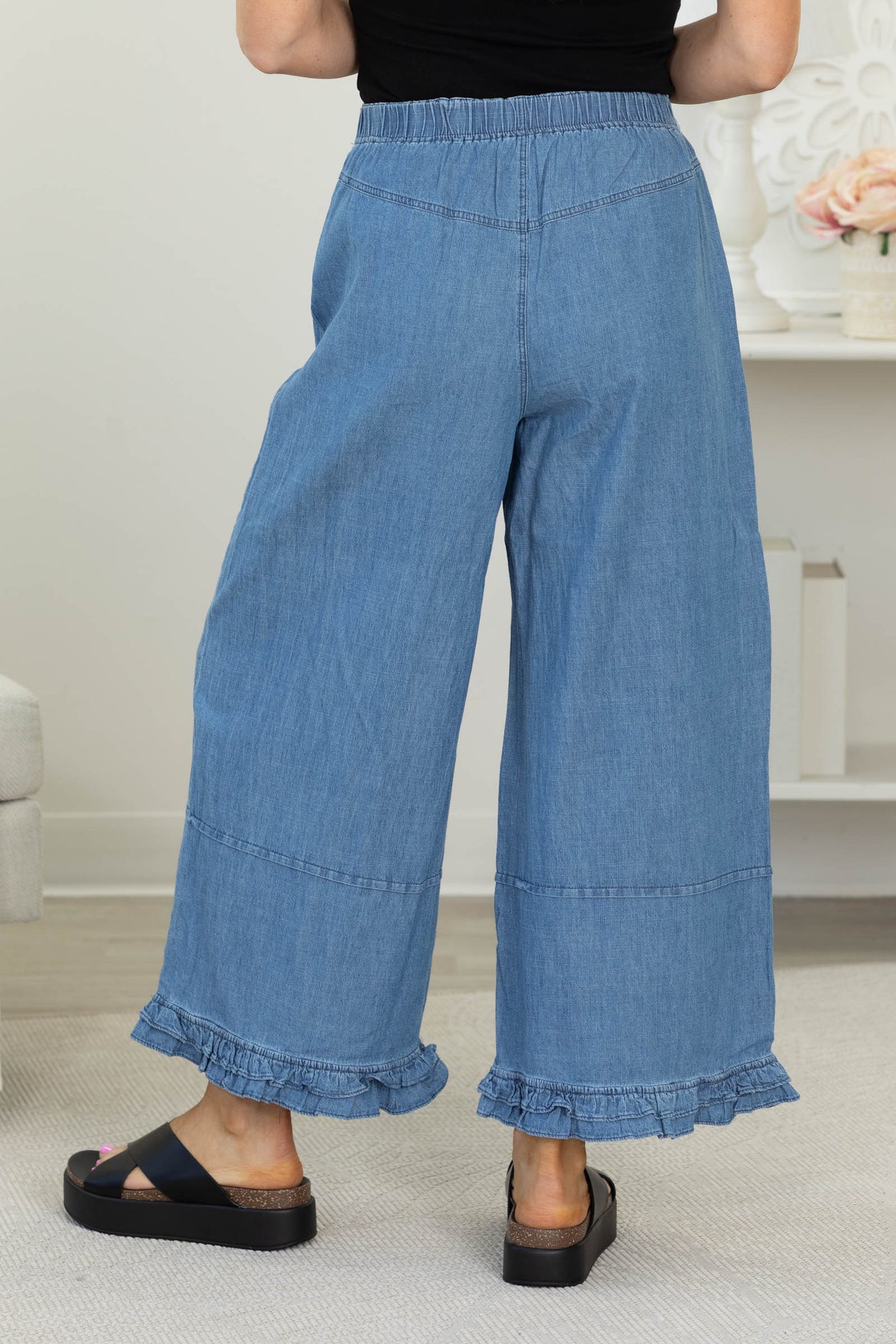Chambray Ruffle Hem Detail Washed Pants- 100% Cotton