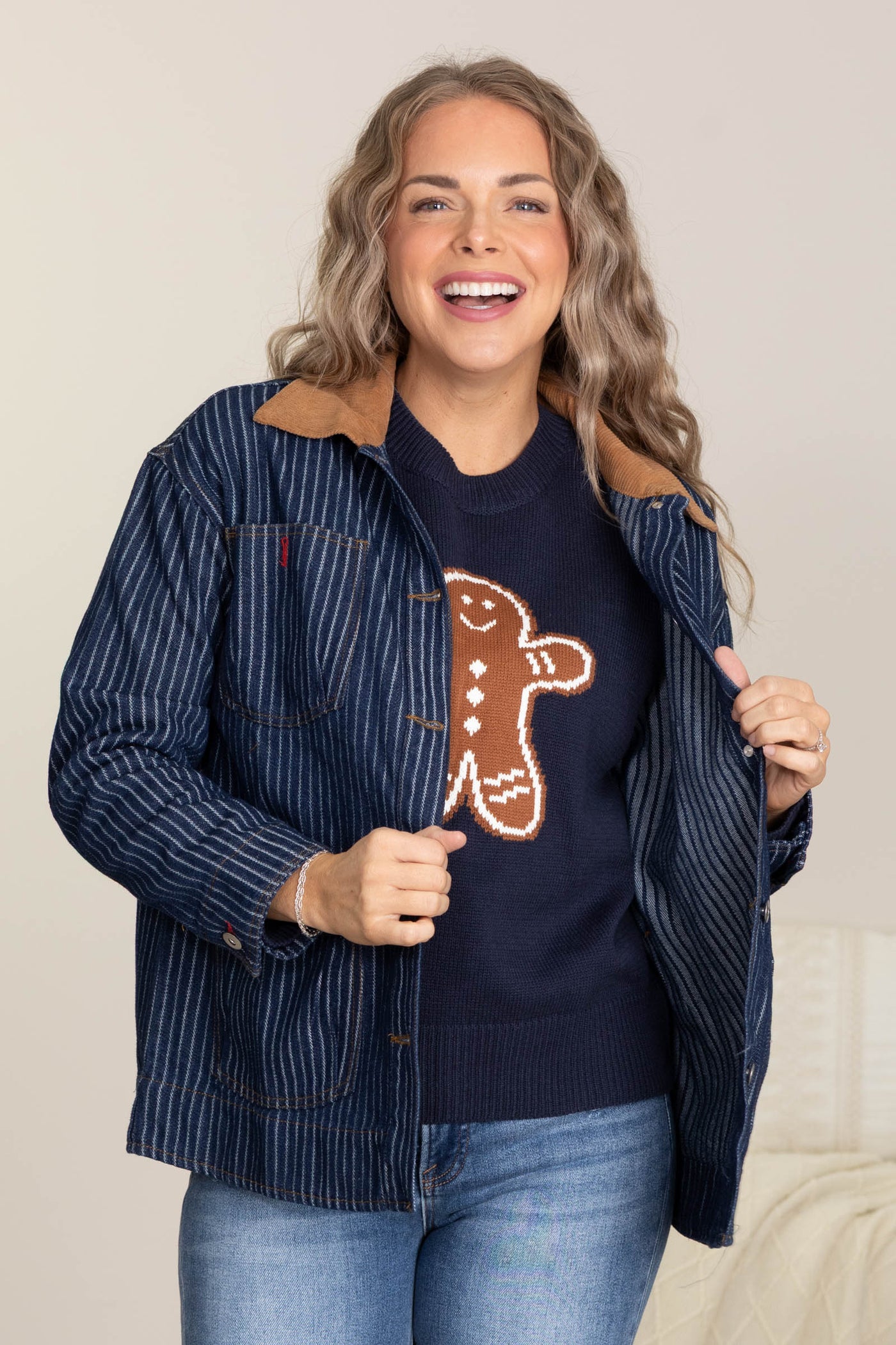 Stripe Corduroy Collar Denim Shacket