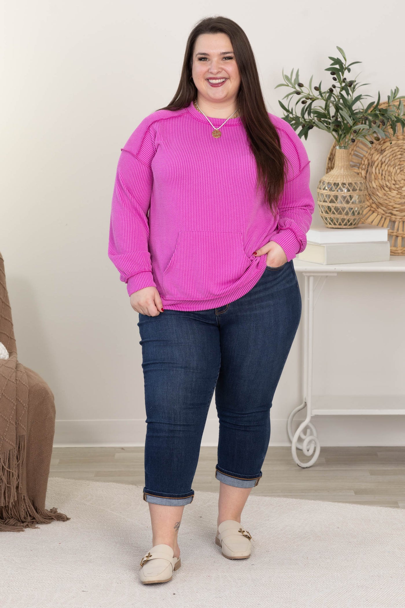 Ribbed Crew Neck Top With Kangaroo Pocket