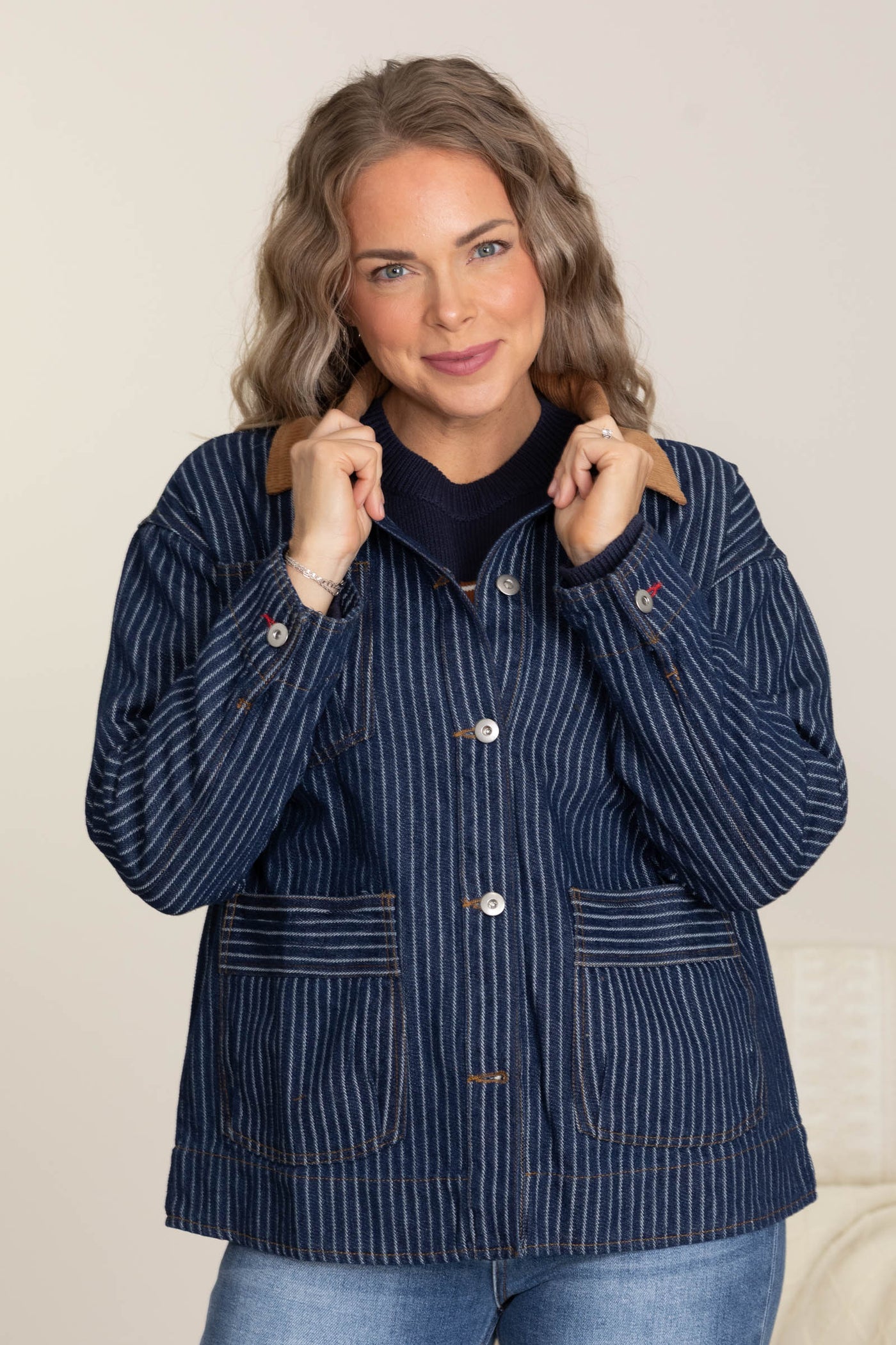 Stripe Corduroy Collar Denim Shacket