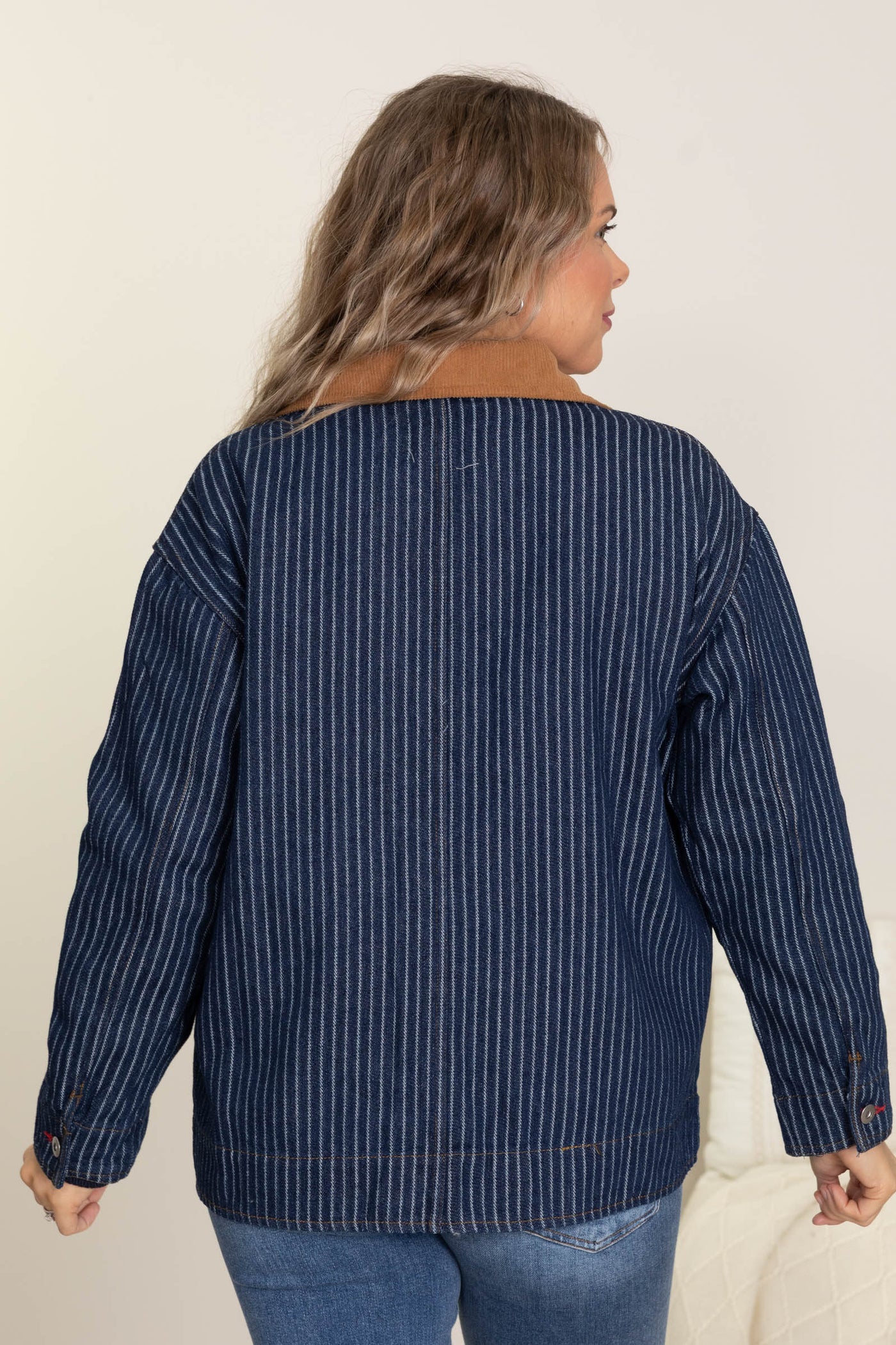 Stripe Corduroy Collar Denim Shacket