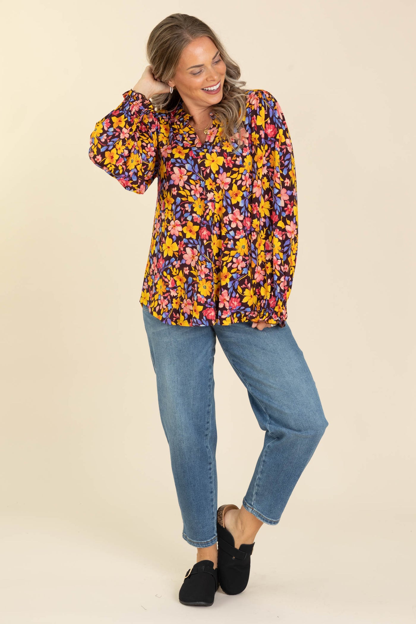Maroon Floral Smocked Wrinkle Free Top