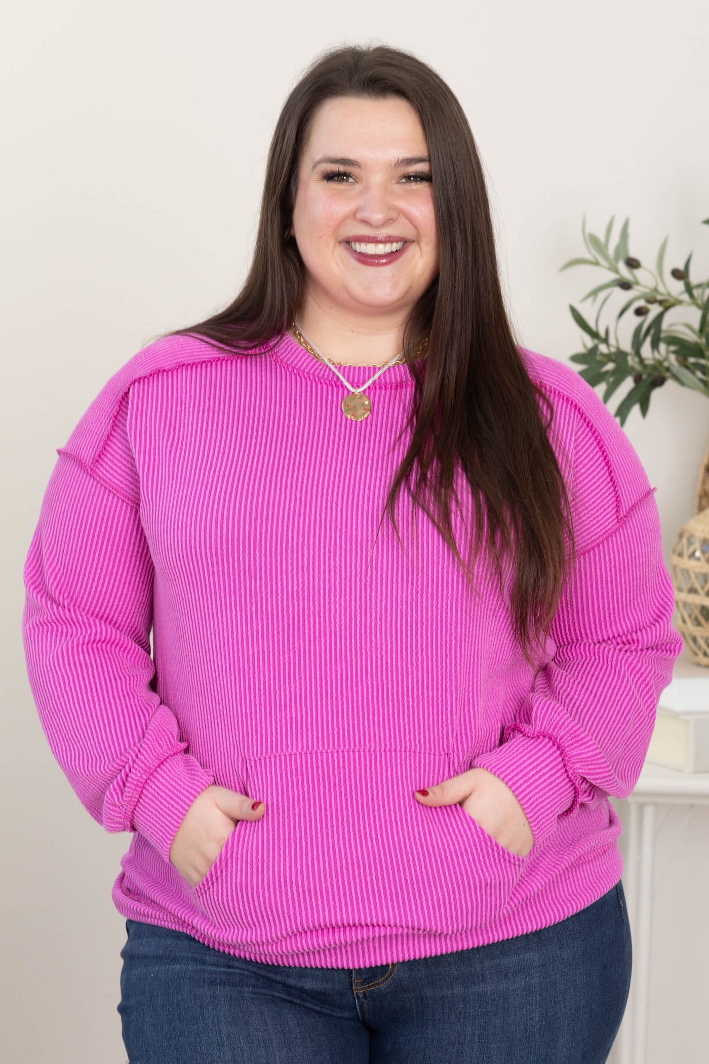 Ribbed Crew Neck Top With Kangaroo Pocket