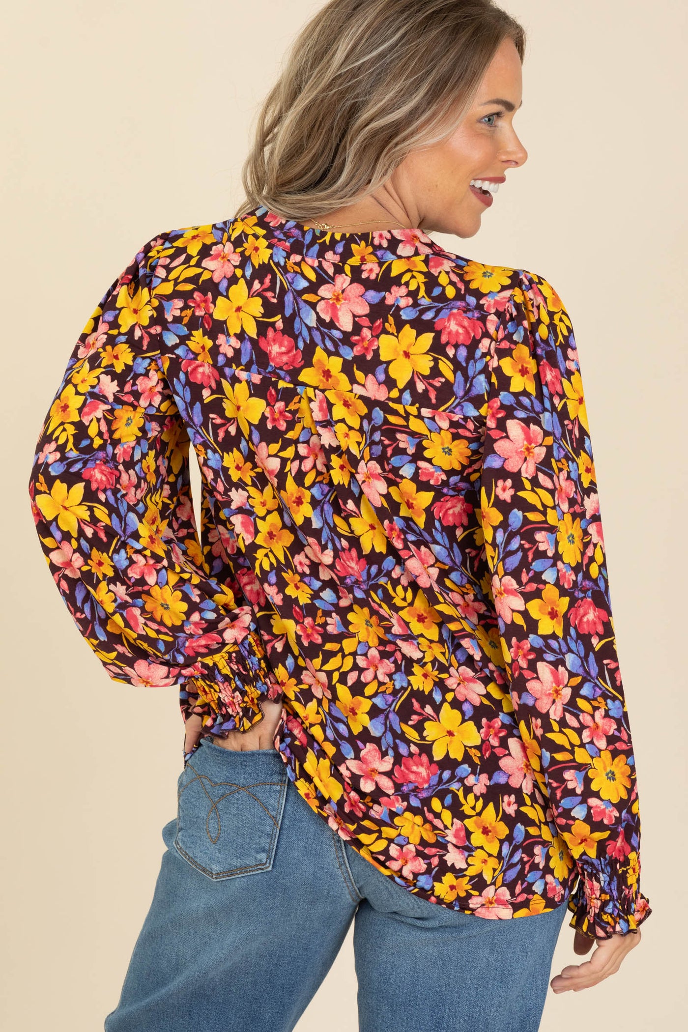 Maroon Floral Smocked Wrinkle Free Top