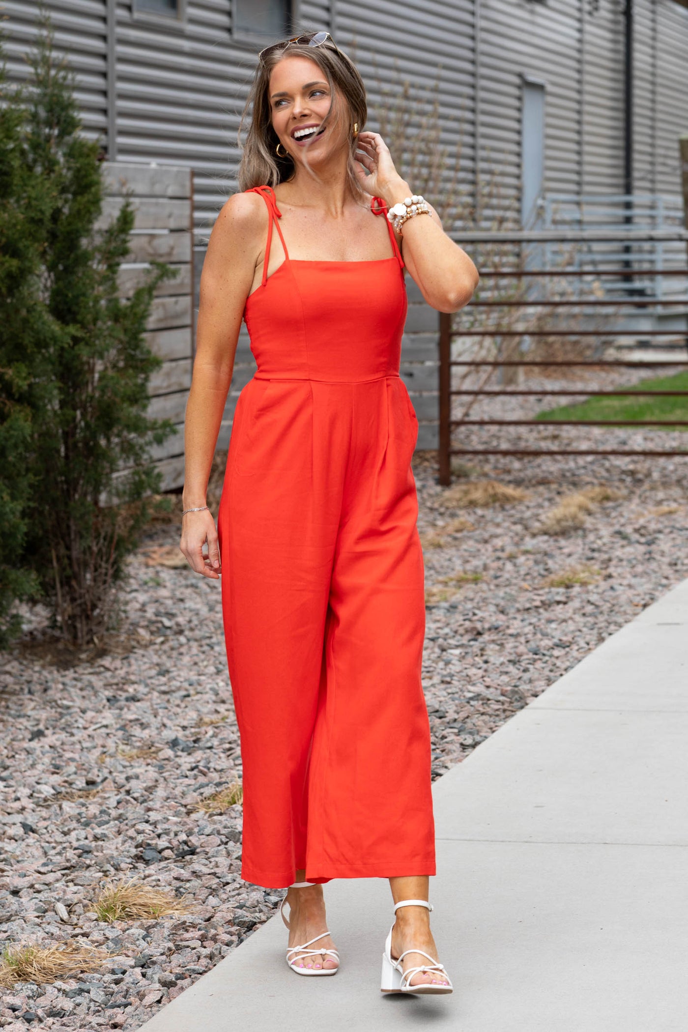 Red Front Pleat Detail Back Smocking Jumpsuit