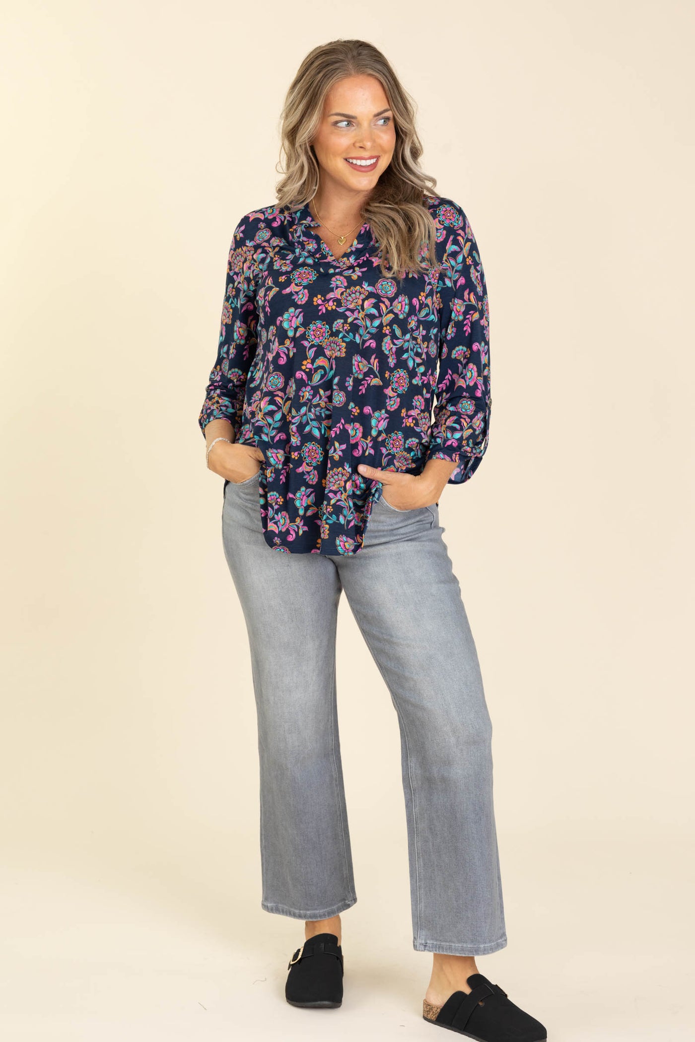 Navy And Pink Printed Lizzy Wrinkle Free Top