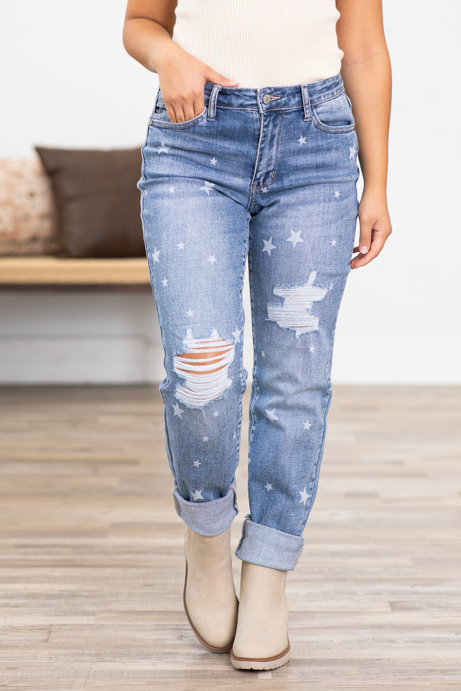 Judy Blue Star Print Distressed Jeans