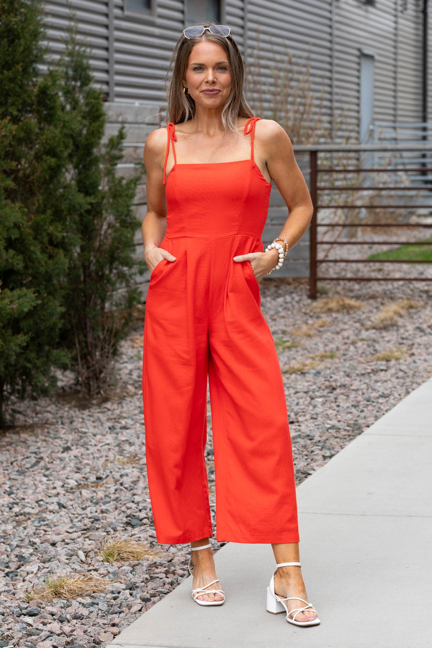 Red Front Pleat Detail Back Smocking Jumpsuit