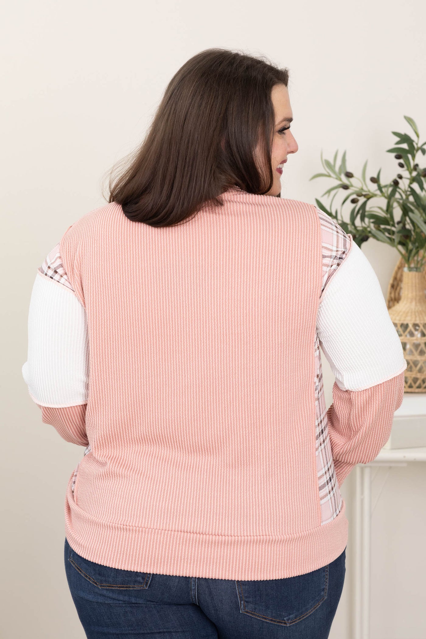 Plaid Detail Knit Ribbed Tops