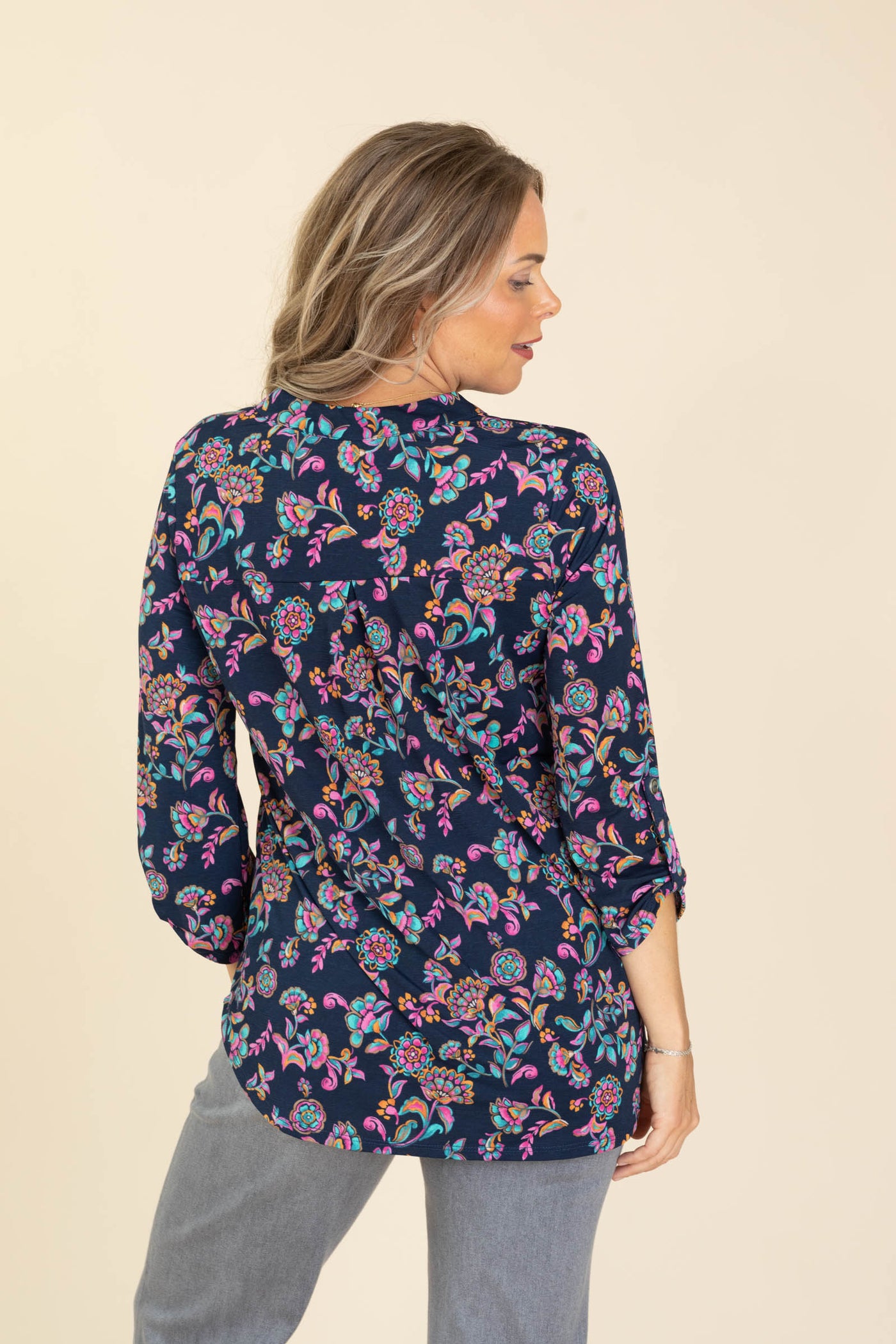 Navy And Pink Printed Lizzy Wrinkle Free Top