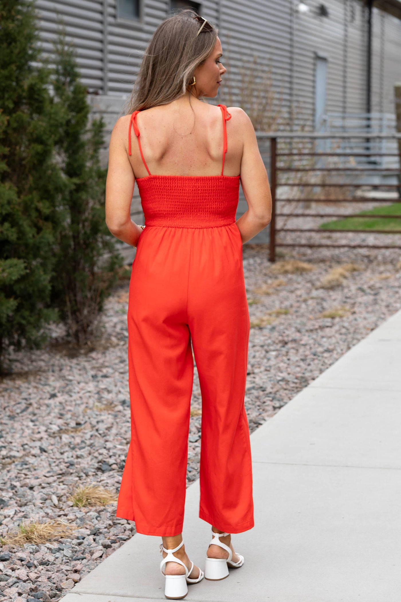 Red Front Pleat Detail Back Smocking Jumpsuit