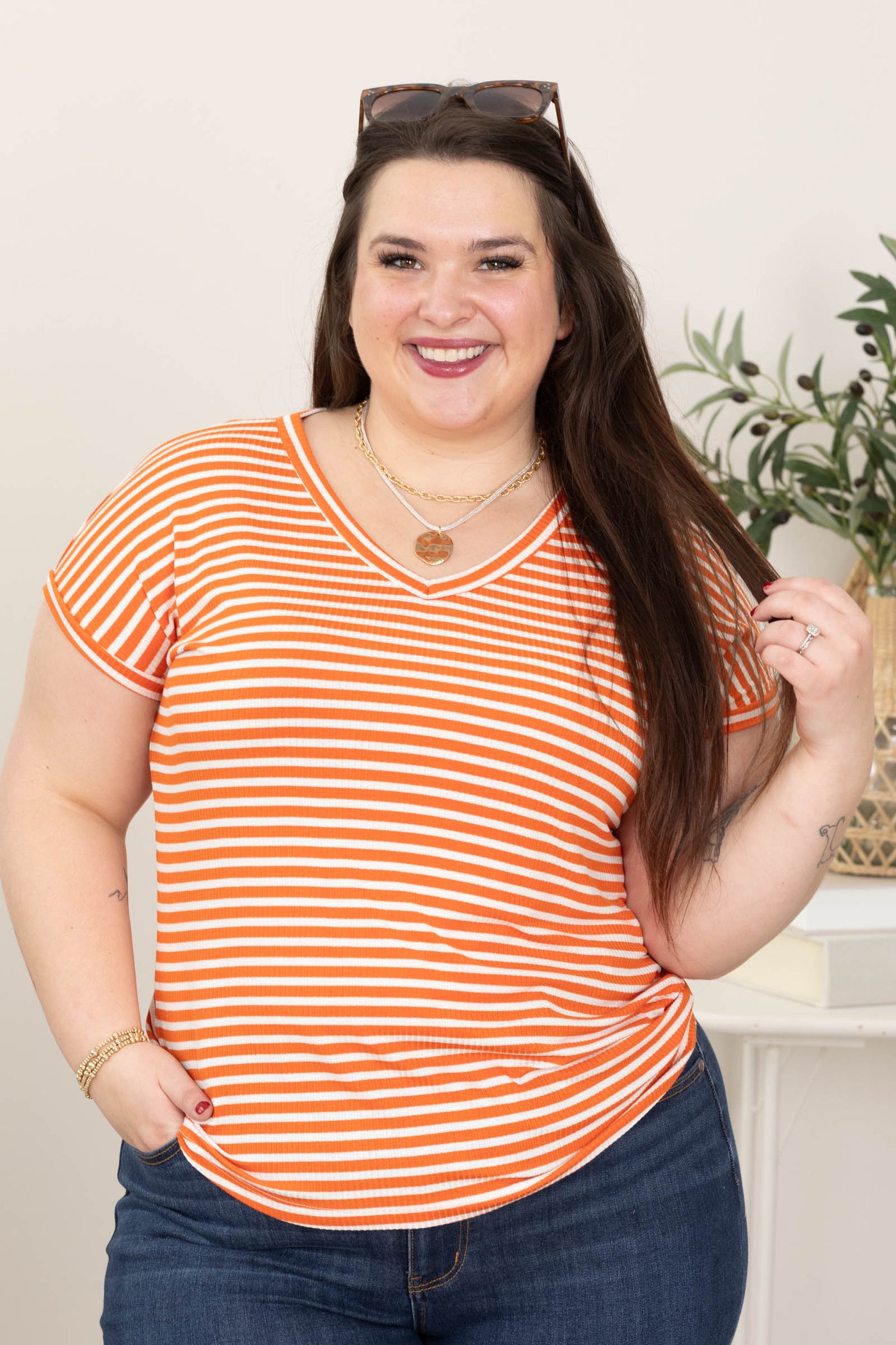 V-Neck Line Stripe Rib Knit Tops