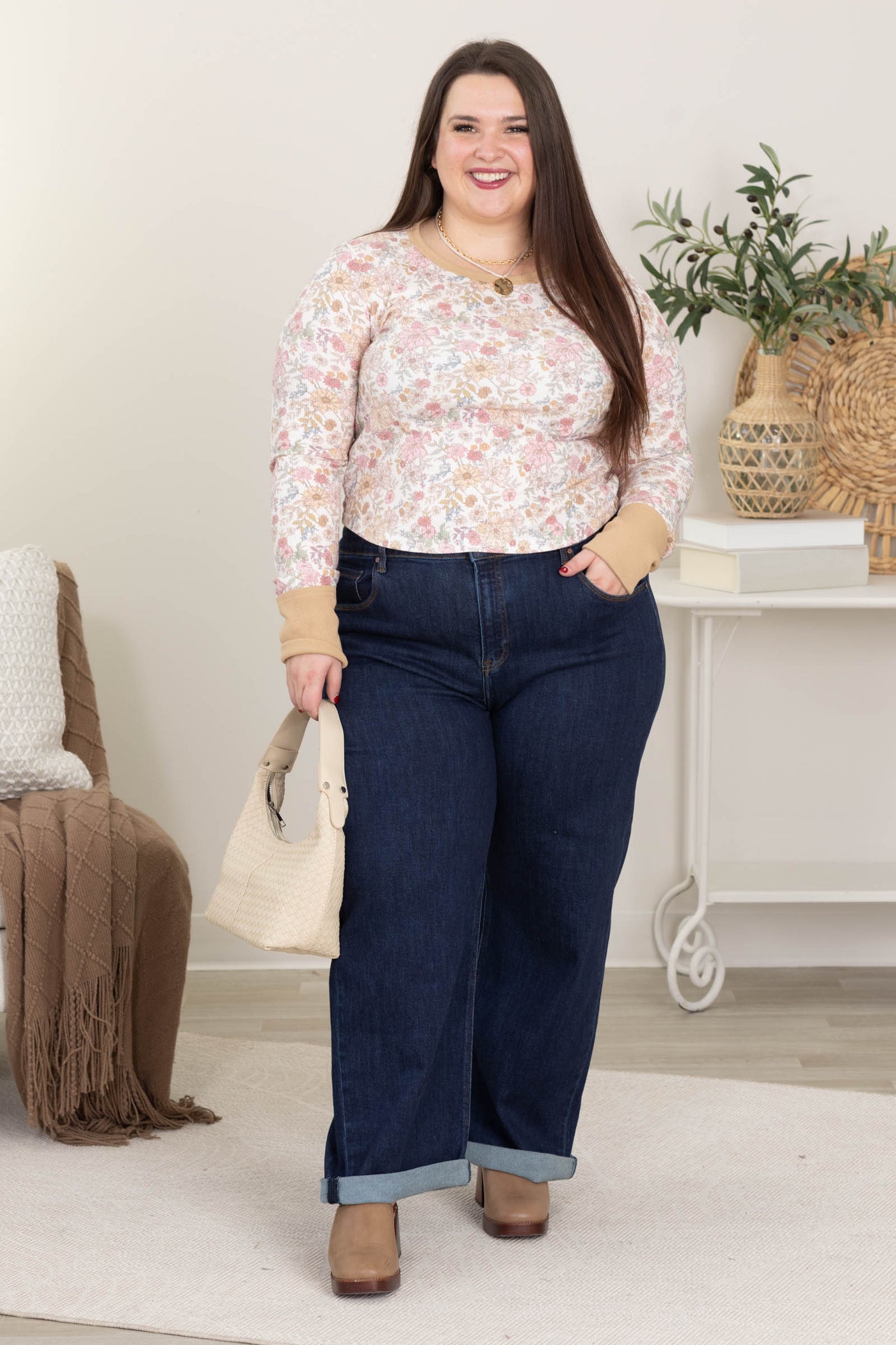 Tan And Ivory Waffle Thumbhole Floral Knit Top