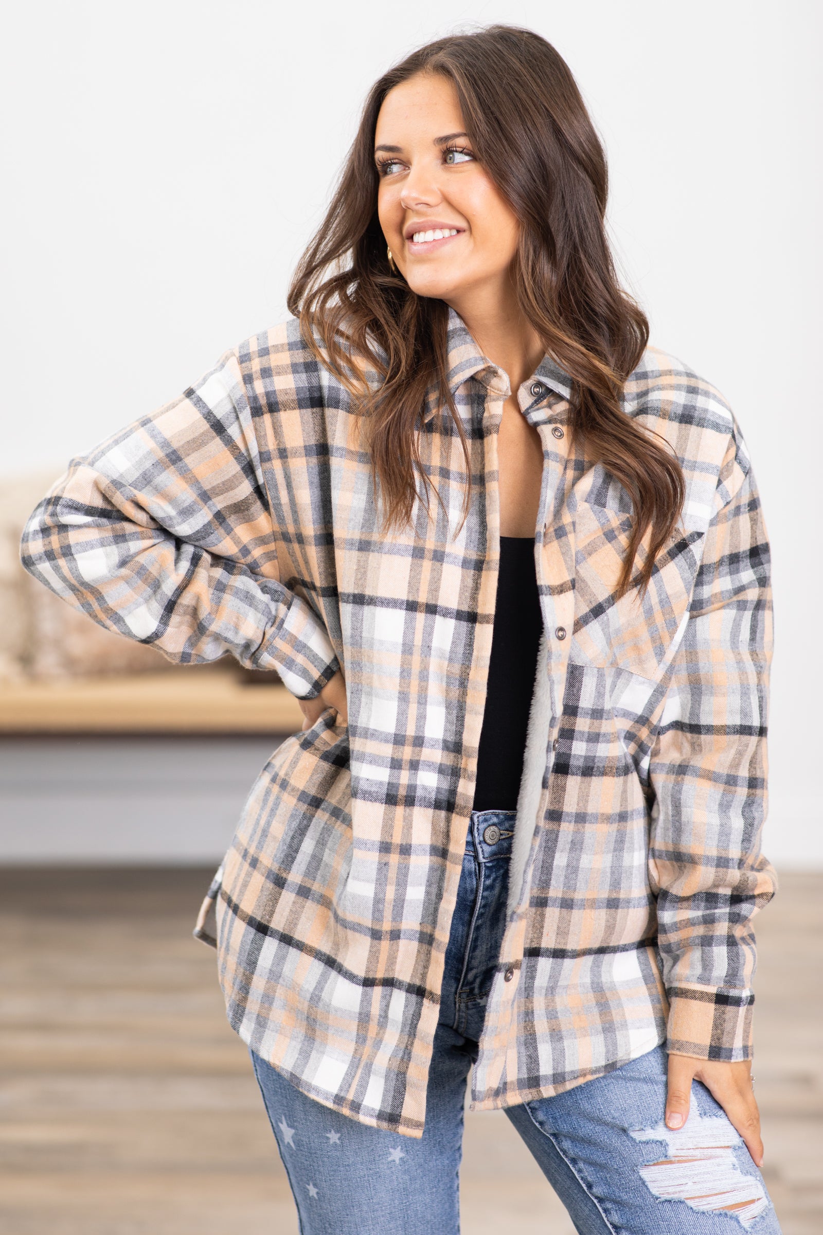 Tan and Navy Plaid Faux fur Lined Shacket