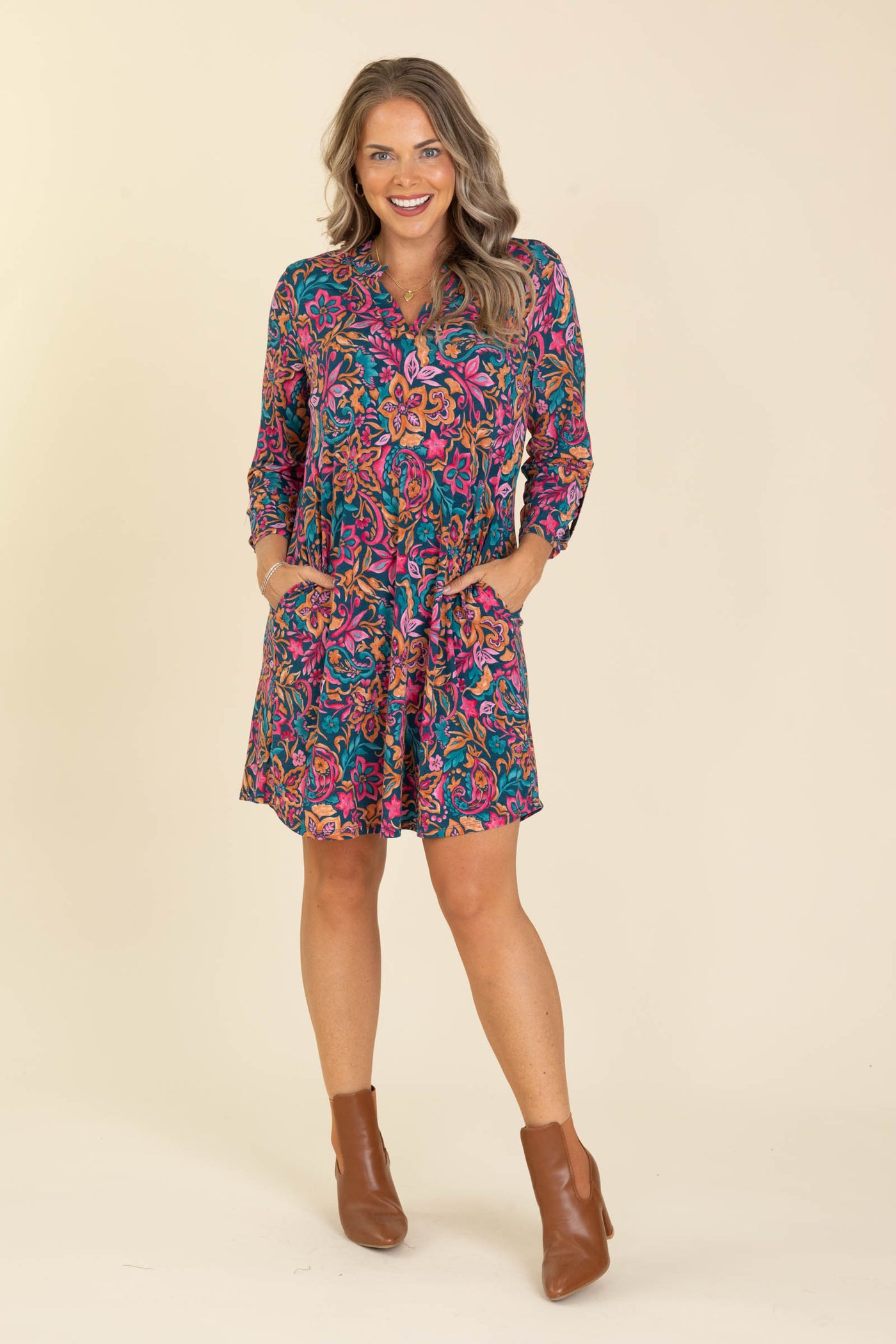 Teal Printed Wrinkle Free Dress