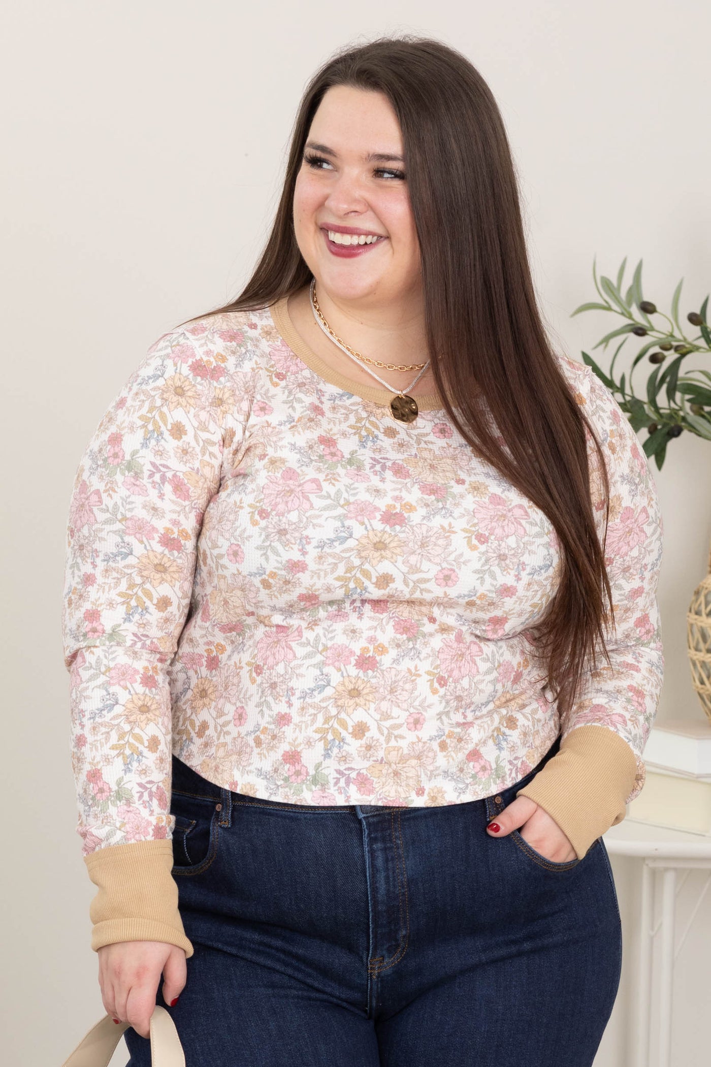 Tan And Ivory Waffle Thumbhole Floral Knit Top