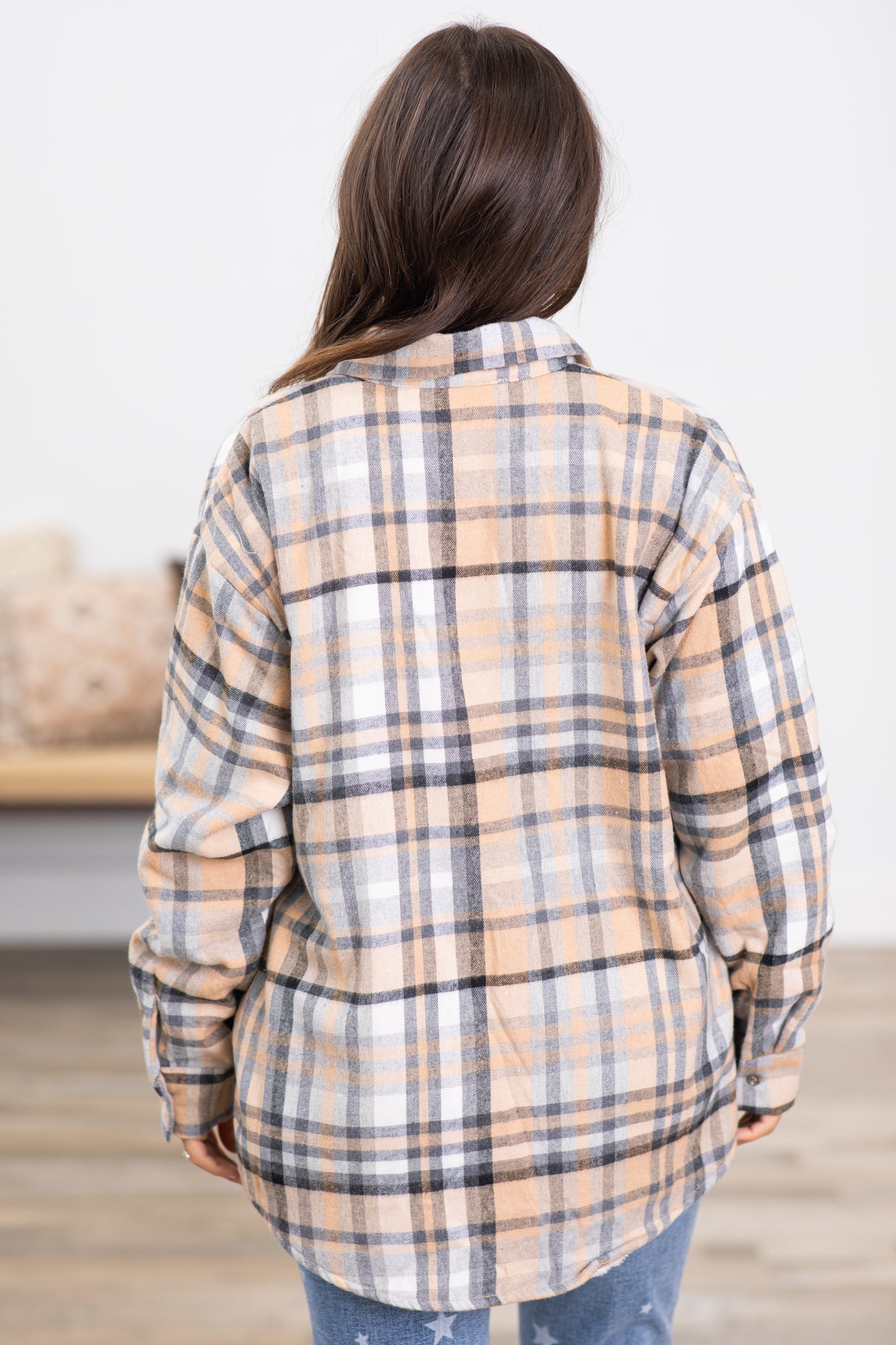 Tan and Navy Plaid Faux fur Lined Shacket