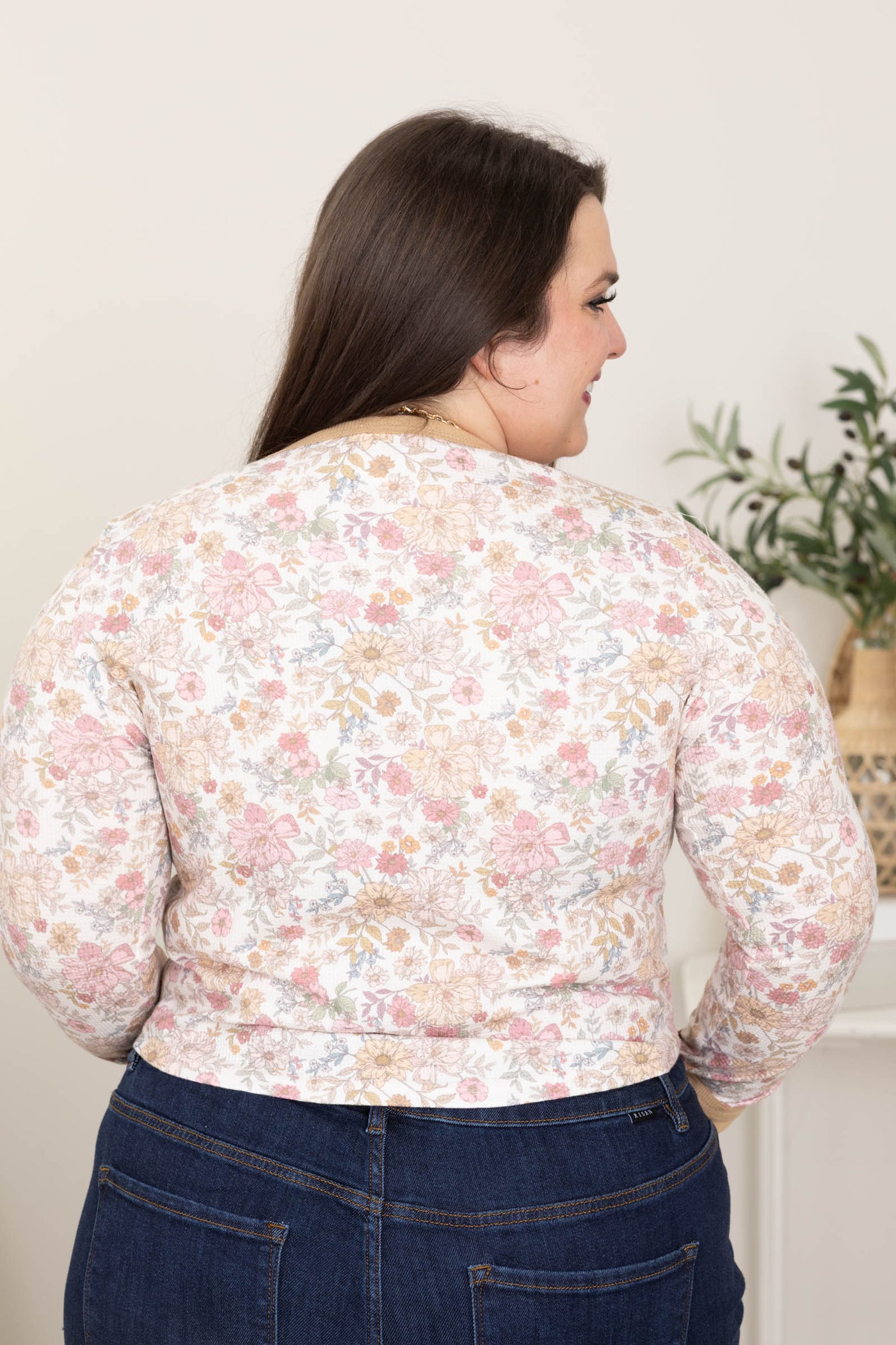 Tan And Ivory Waffle Thumbhole Floral Knit Top