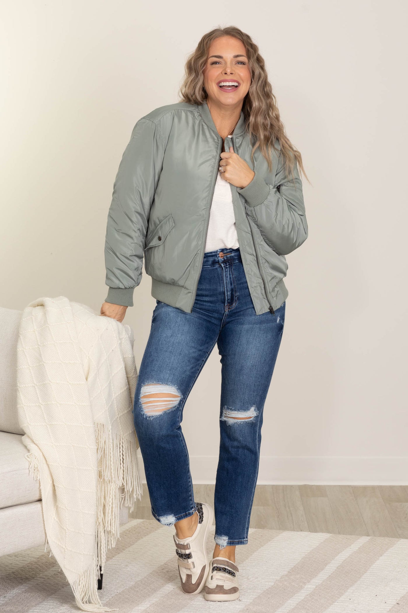 Dusty Olive Ruched Zip Up Bomber Jacket