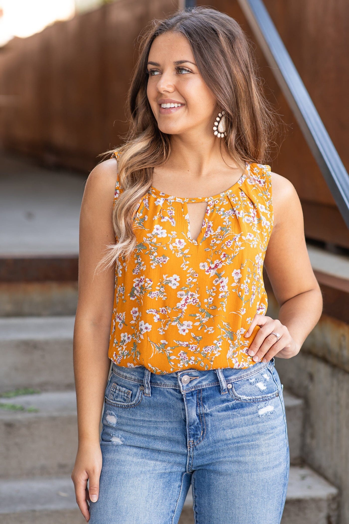 Mustard Floral Print Tank With Keyhole - Filly Flair