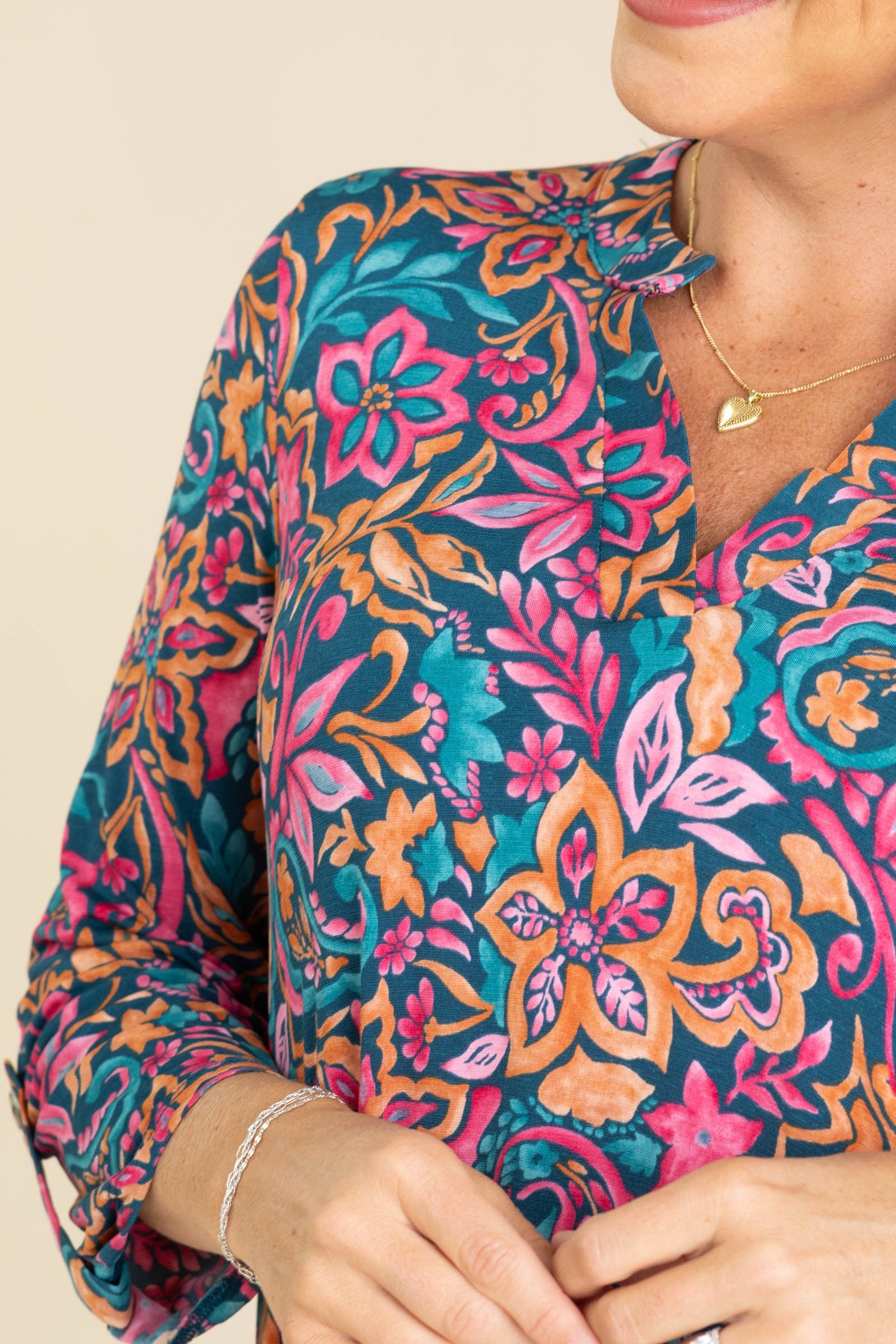 Teal Printed Wrinkle Free Dress