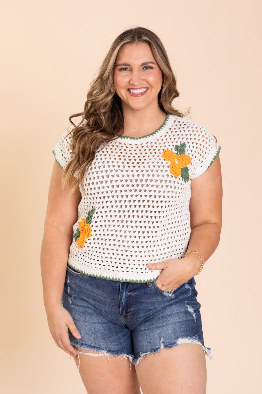 Ivory Rose Crochet Knit Short Sleeve Top