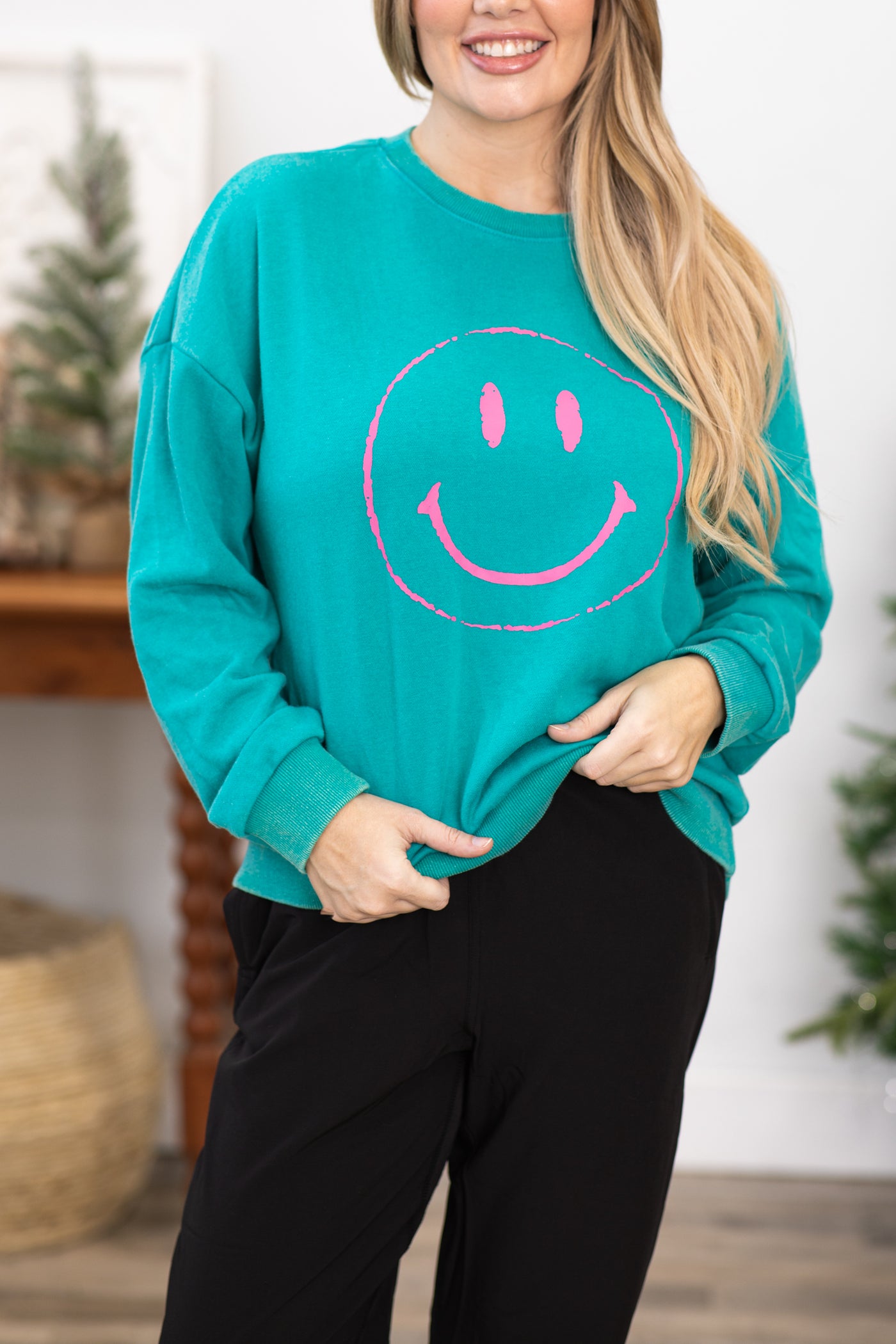 Turquoise Washed Smiley Graphic Sweatshirt