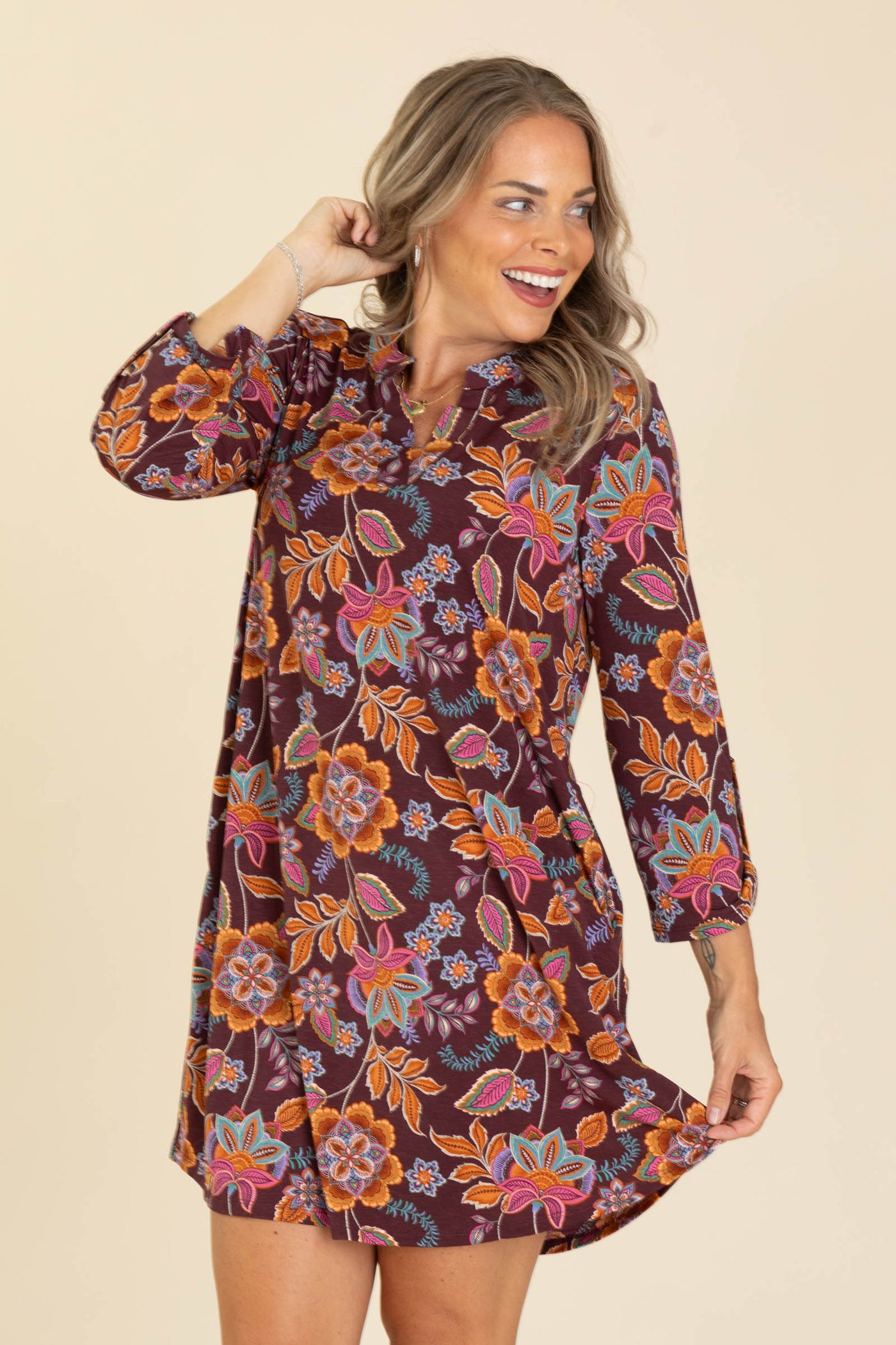 Purple And Mustard Print Wrinkle Free Dress