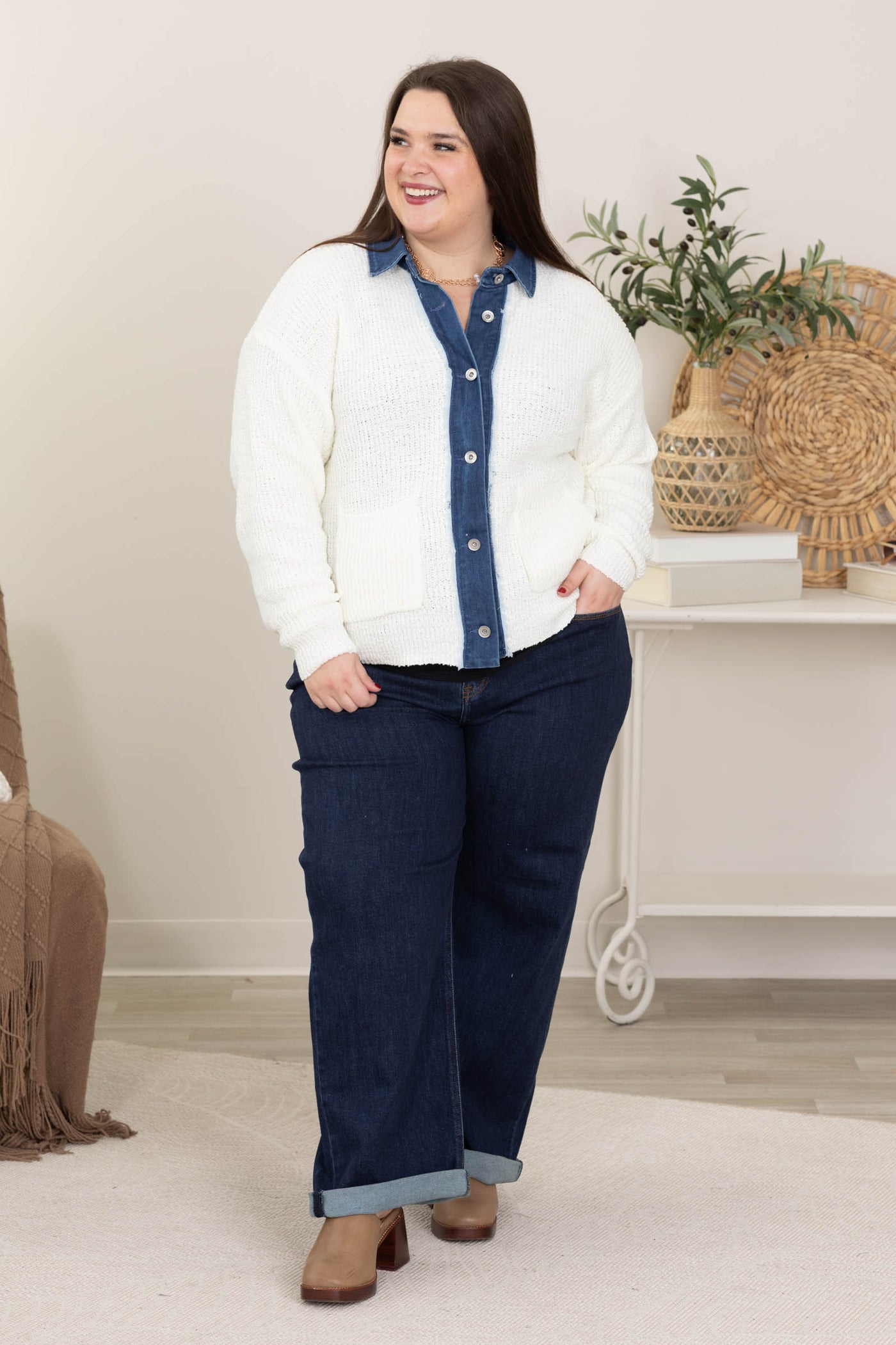 Ivory Button Down Sweater With Denim Jacket