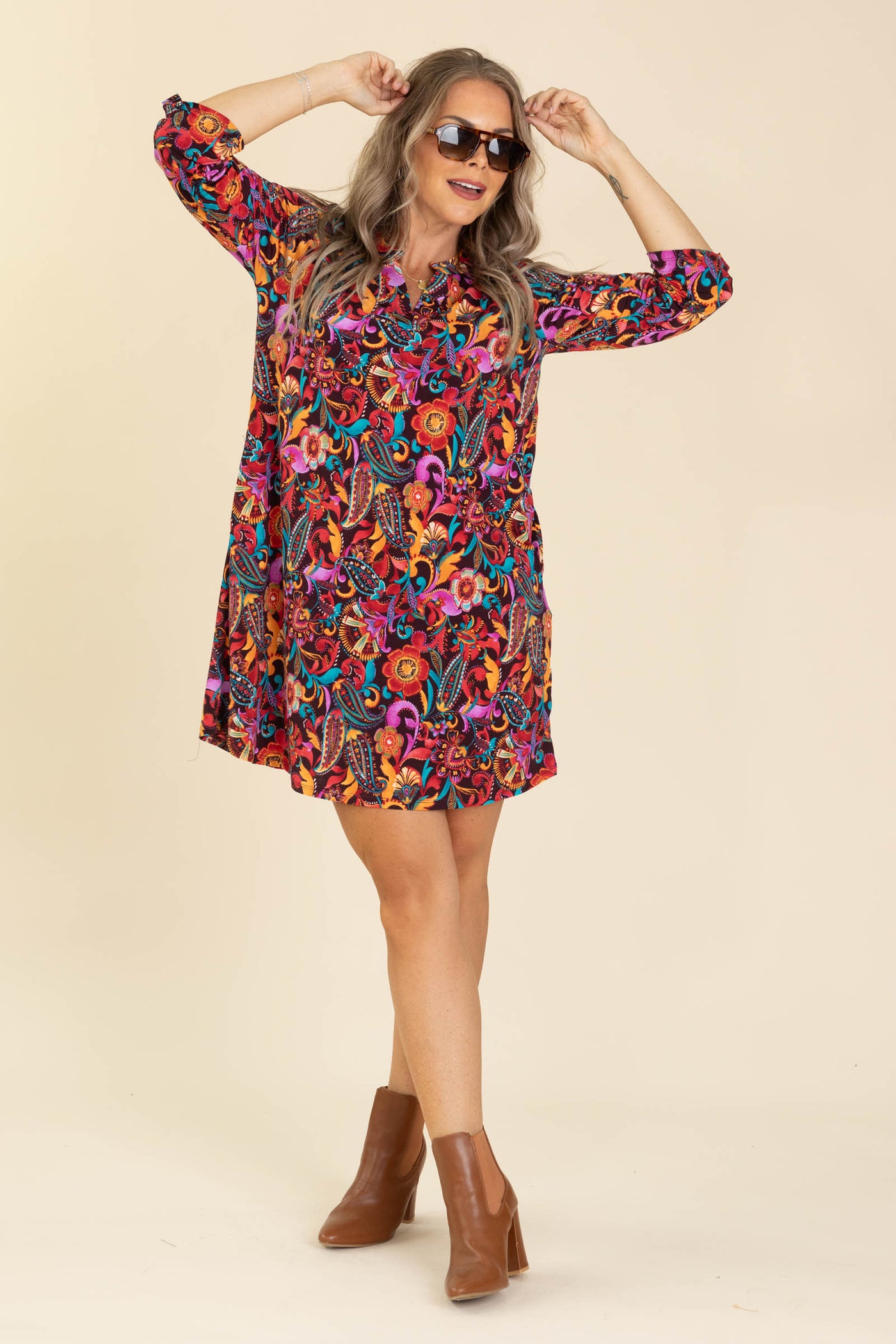 Brown Multicolor Floral Wrinkle Free Dress