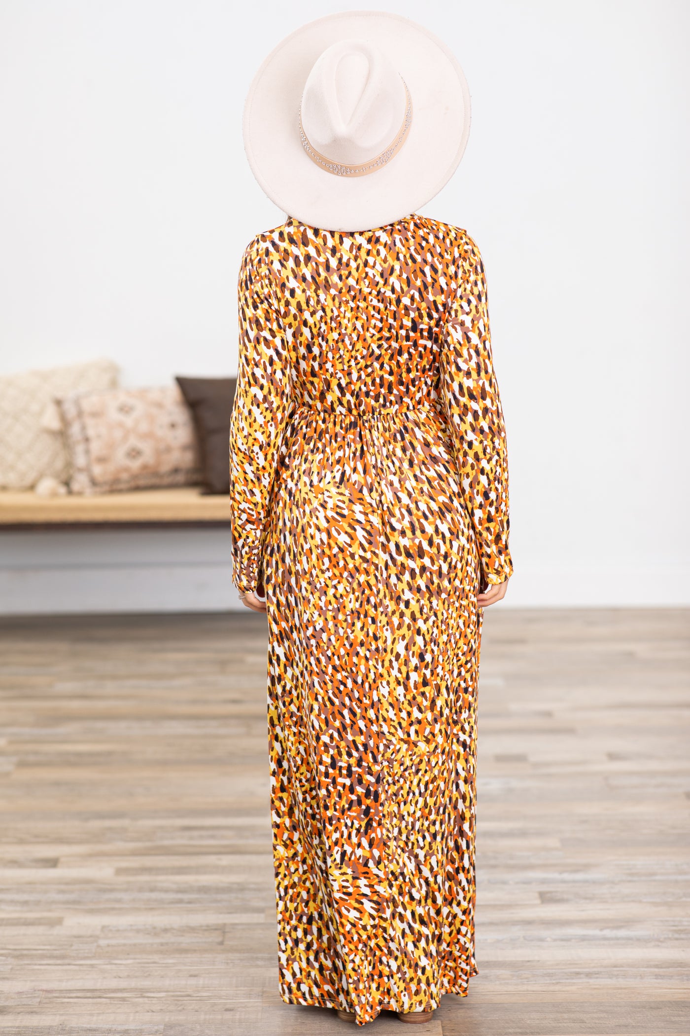Mocha Abstract Print Long Sleeve Maxi Dress