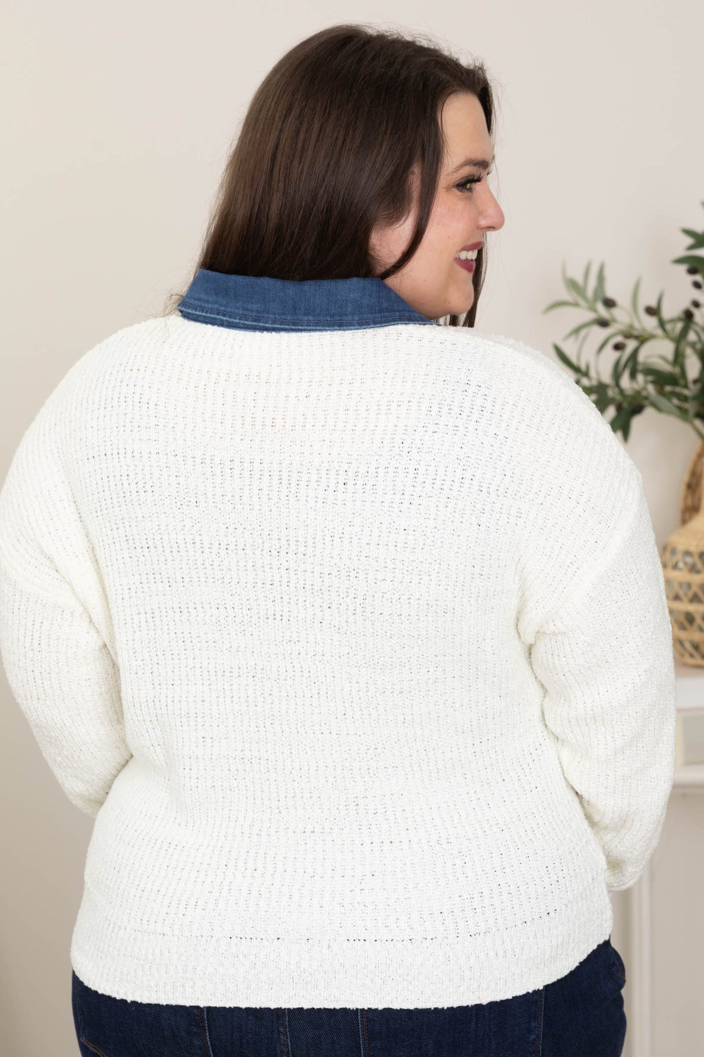 Ivory Button Down Sweater With Denim Jacket