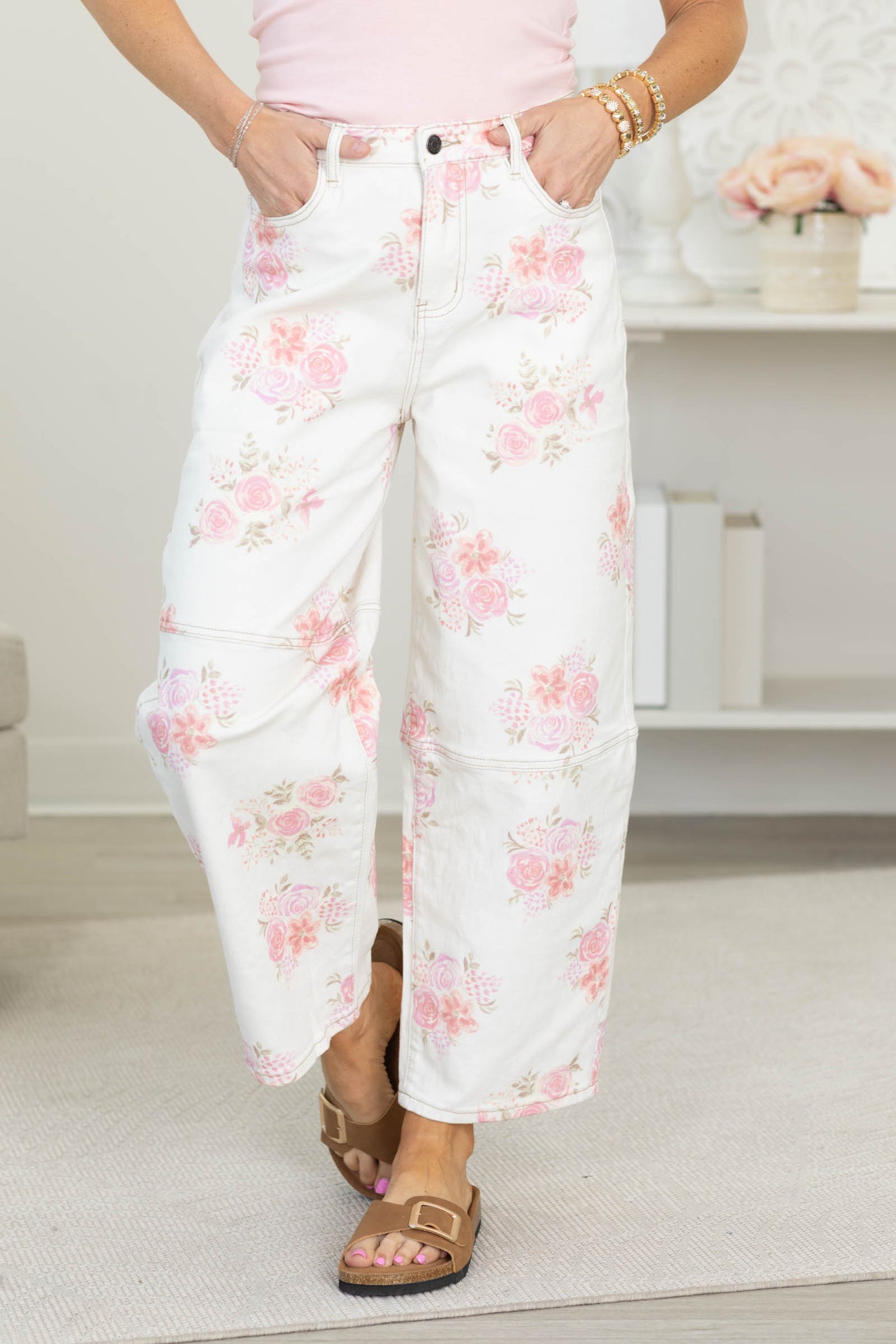 Ivory Floral Printed Denim Barrel Pants