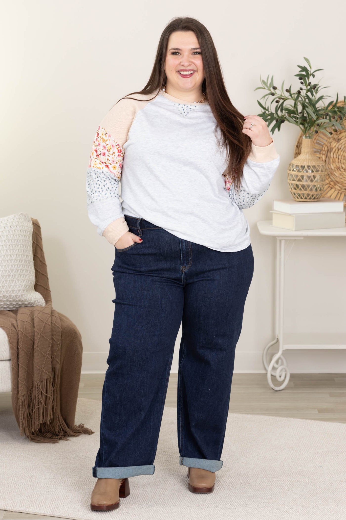 Grey Spring Mixed Patchwork Knit Top