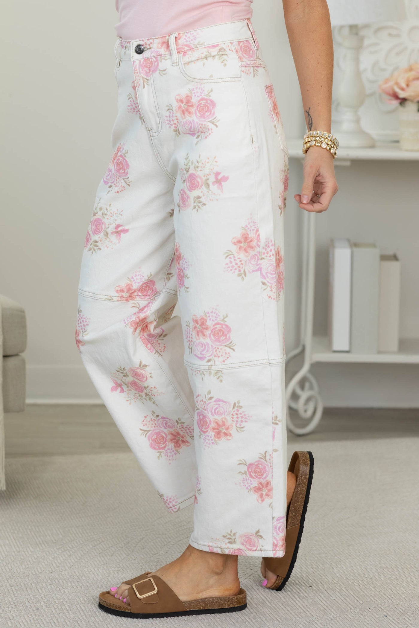 Ivory Floral Printed Denim Barrel Pants