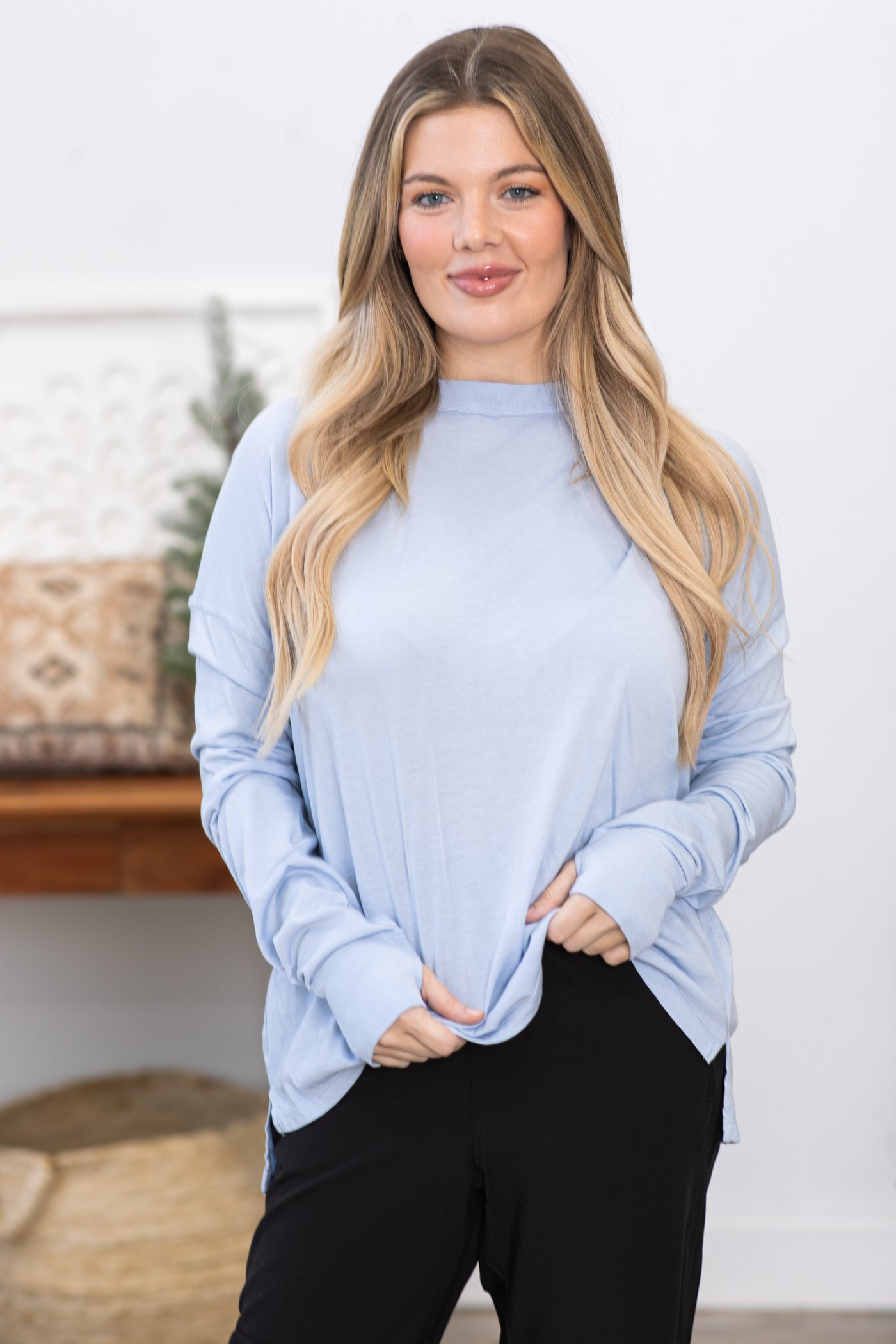 Periwinkle Mineral Washed Top With Thumbholes