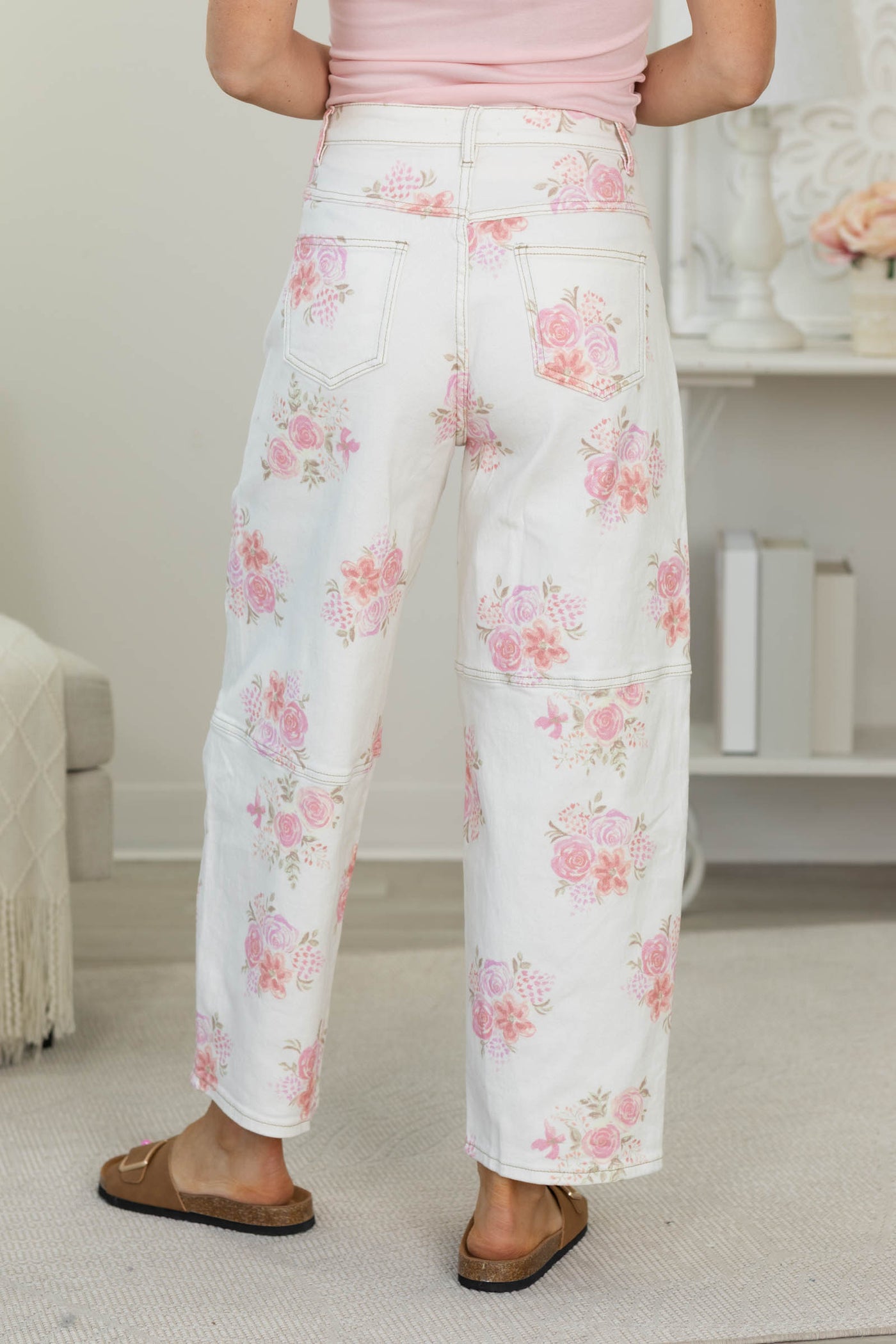 Ivory Floral Printed Denim Barrel Pants