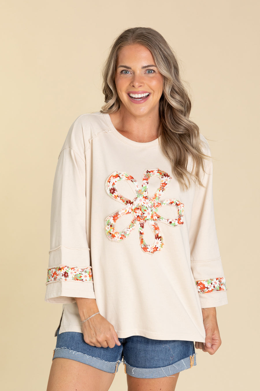 Beige Flower Patch Front Terry Knit Top