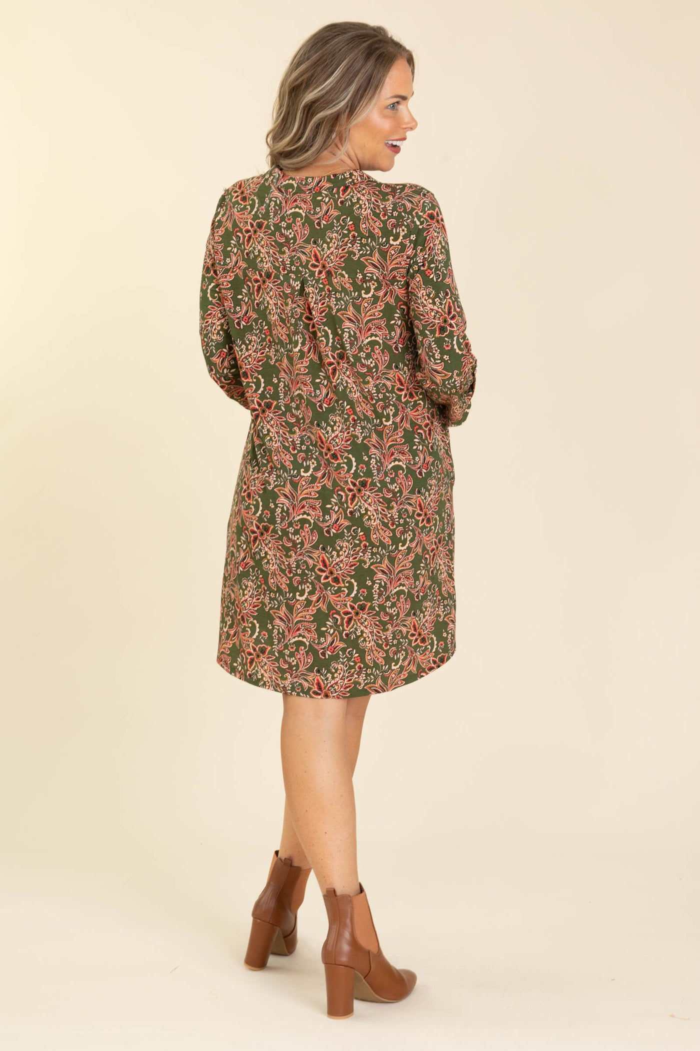 Olive And Tan Print Wrinkle Free Dress
